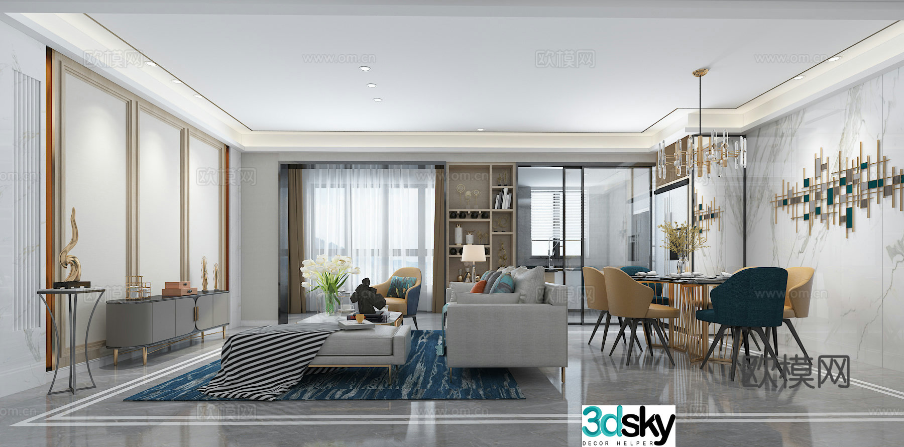 Modern light luxury living restaurant sofa coffee table carpet TV hanging painting dining table chair 3d model