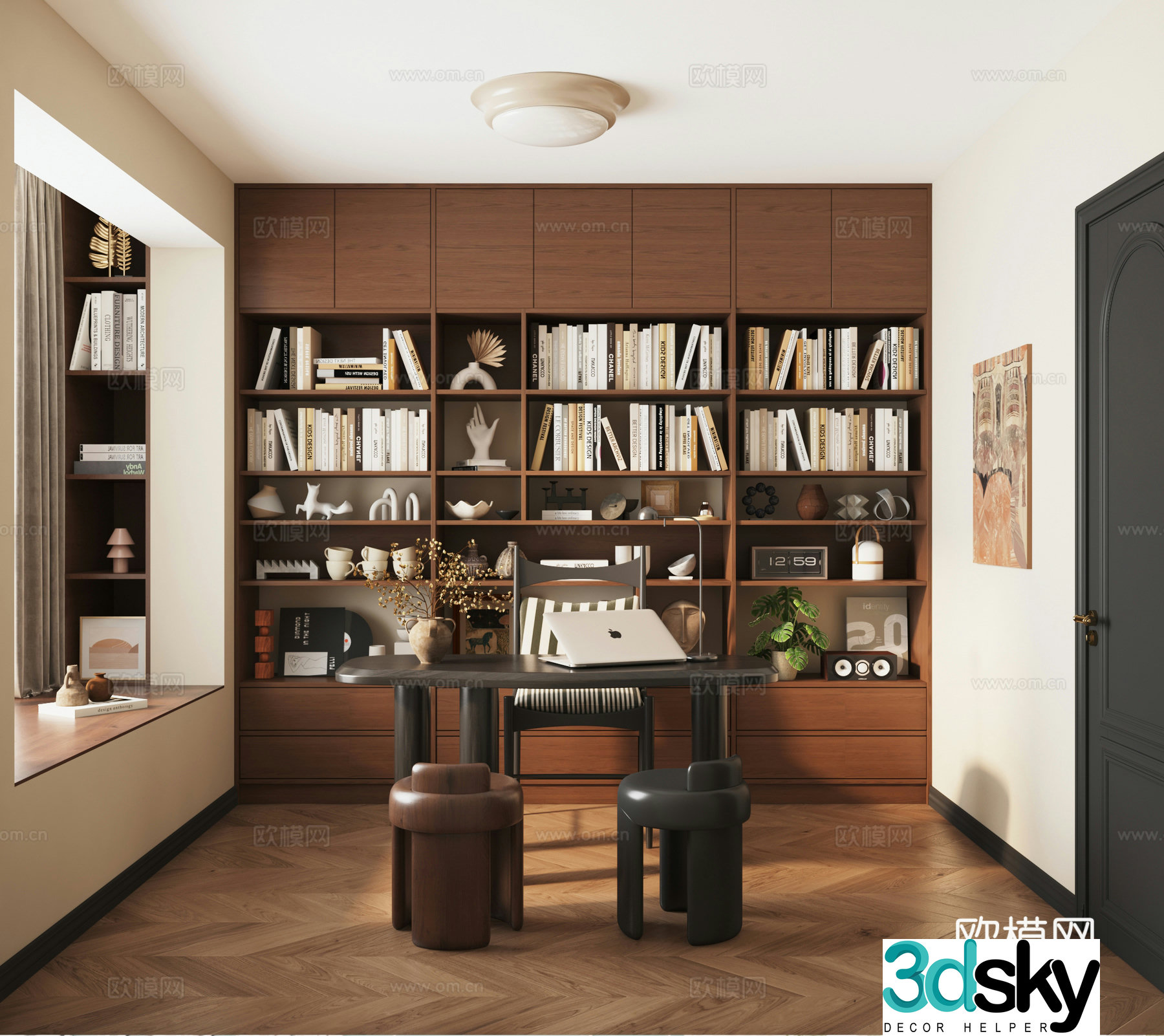 Retro study medieval style study American study bookcase bookcase desk combination 3D model