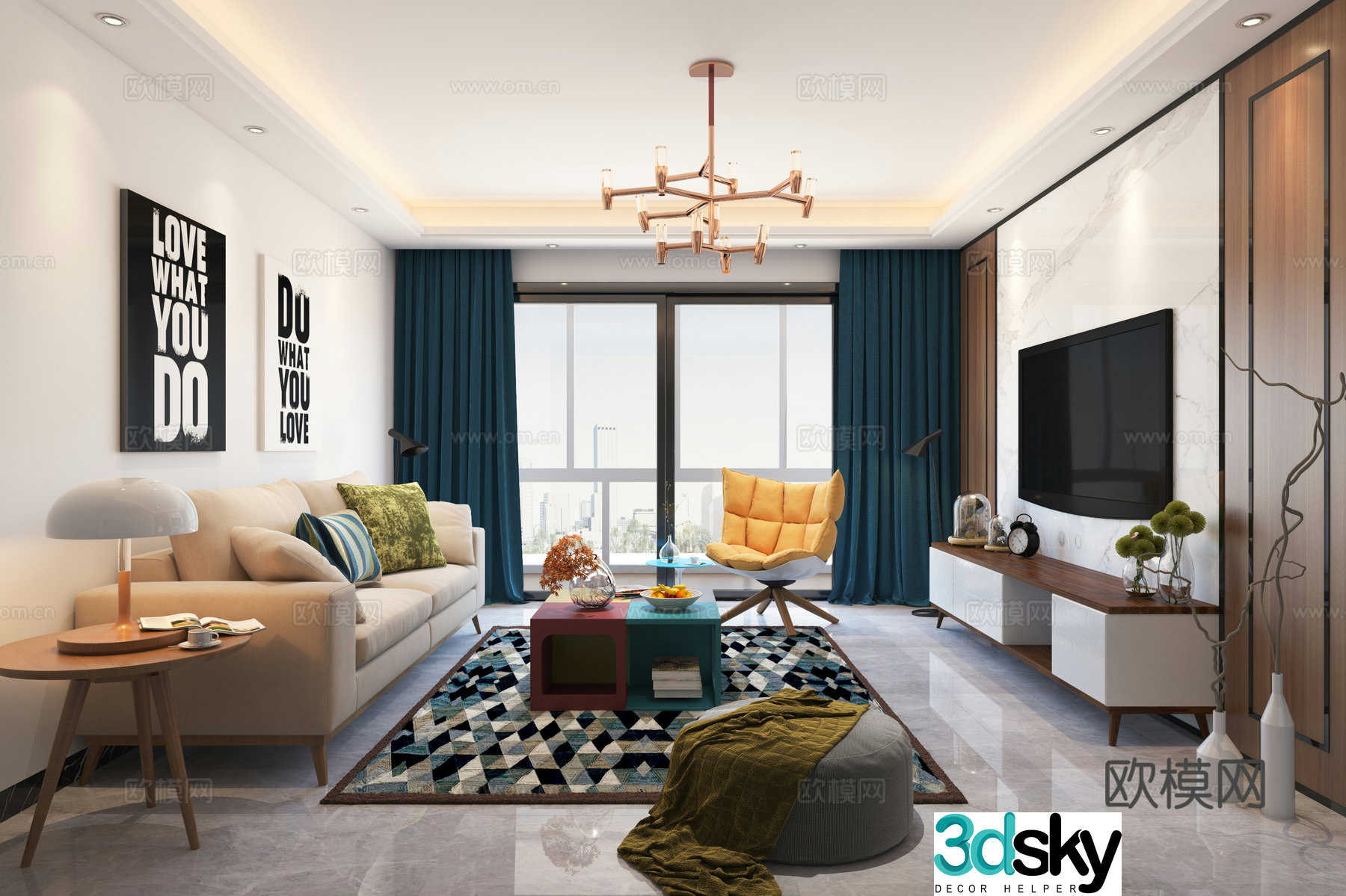 Nordic style living room dining table chair sofa coffee table chandelier desktop ornament 3D model of hanging paintings