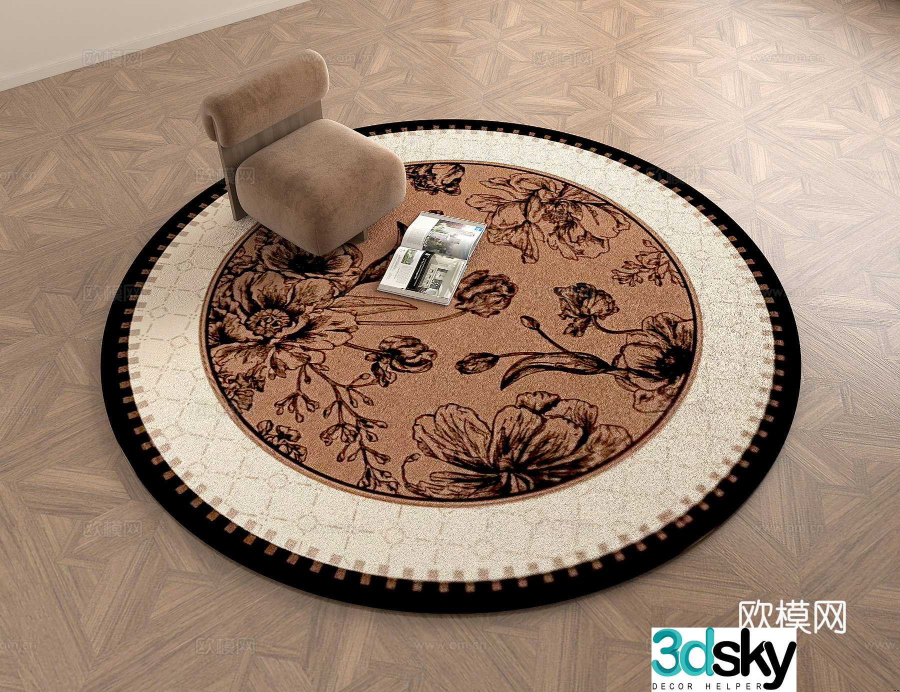 Medium vintage retro maillard color plant pattern round carpet 3d model