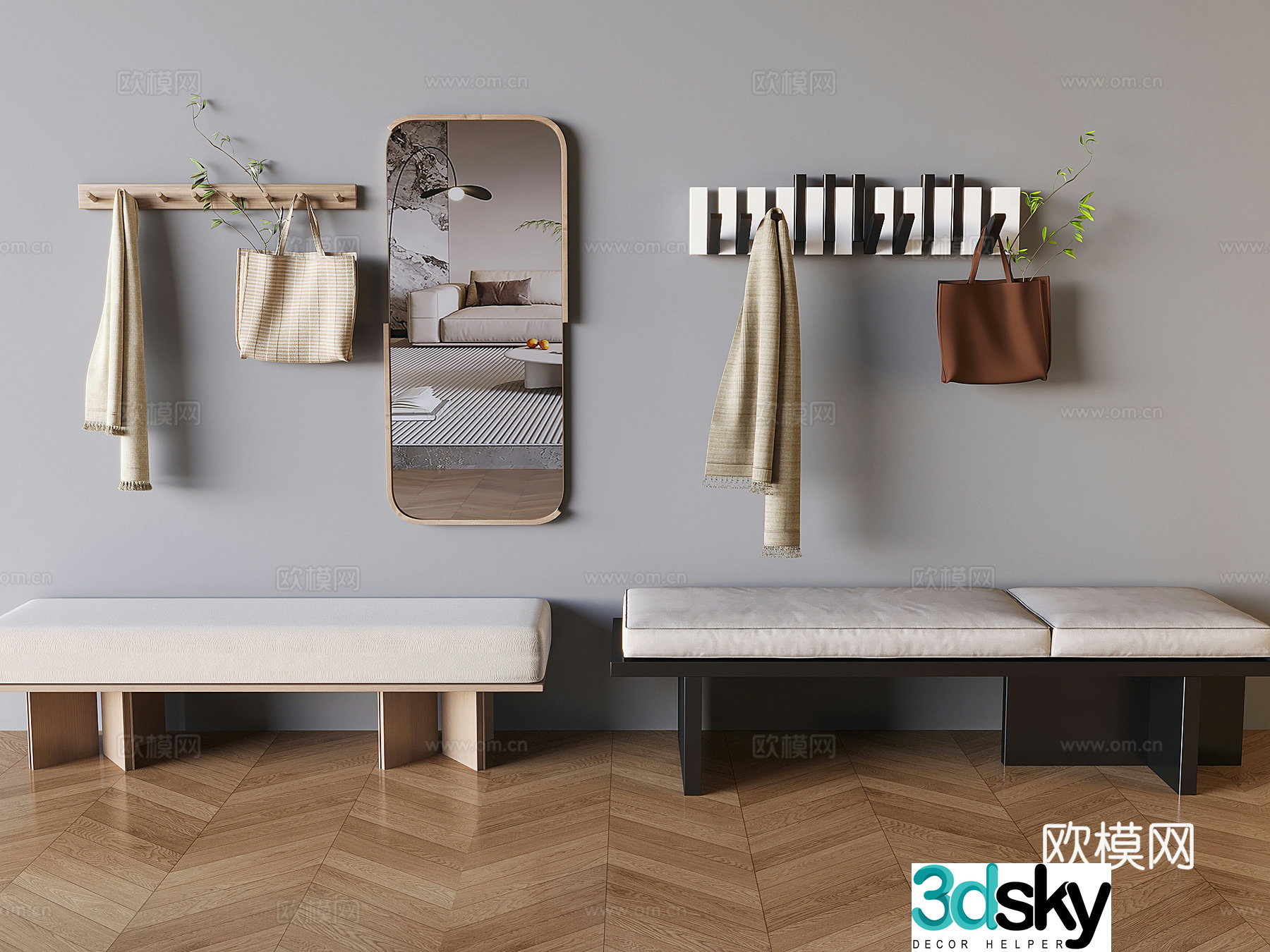 Italian shoe changing stool sofa stool soft-pack bed tail stool hook dressing mirror full-body mirror piano key clothes hook 3D model