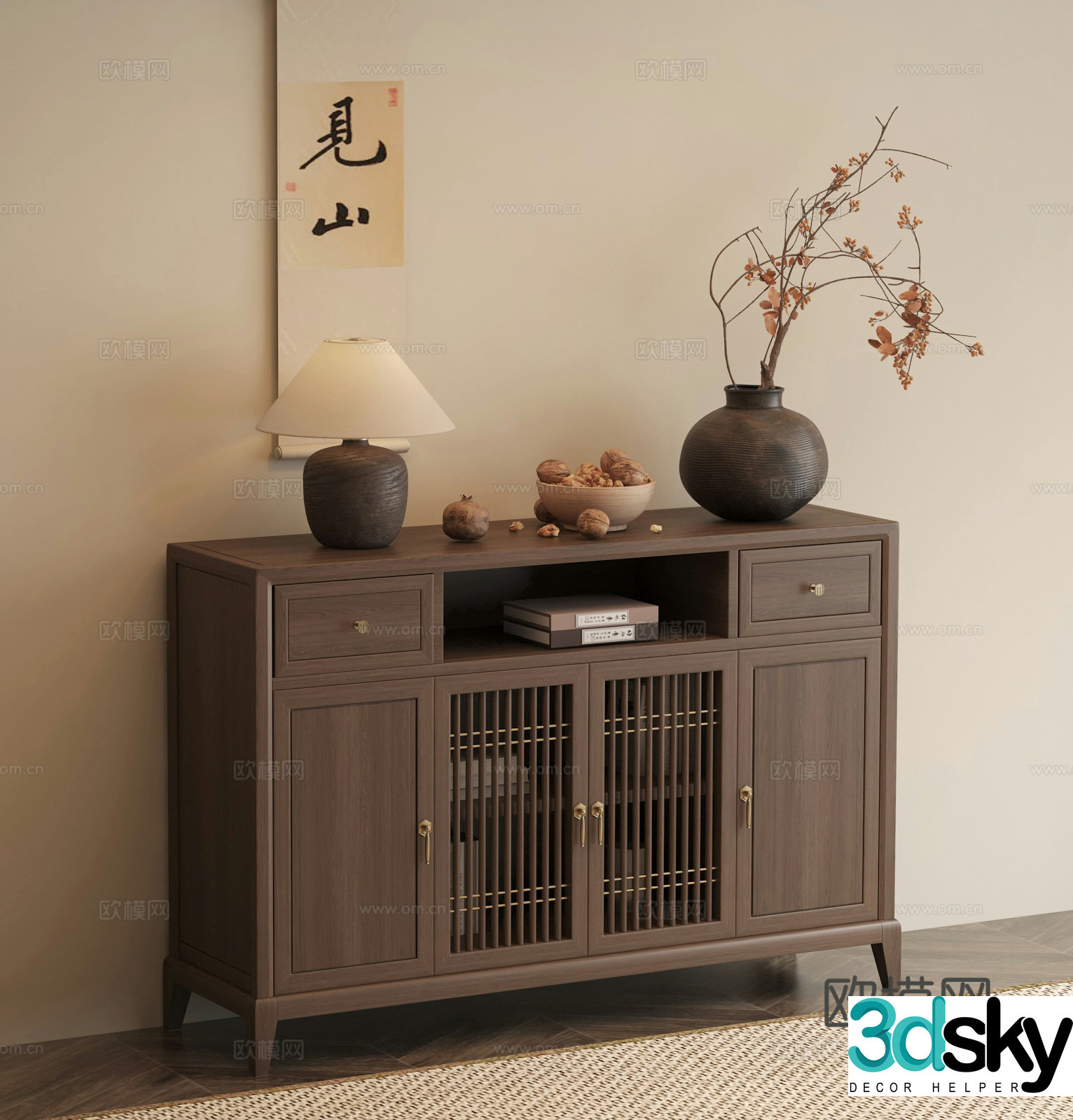 New Chinese style side cabinet hanging painting dry branch bonsai desk lamp 3D model