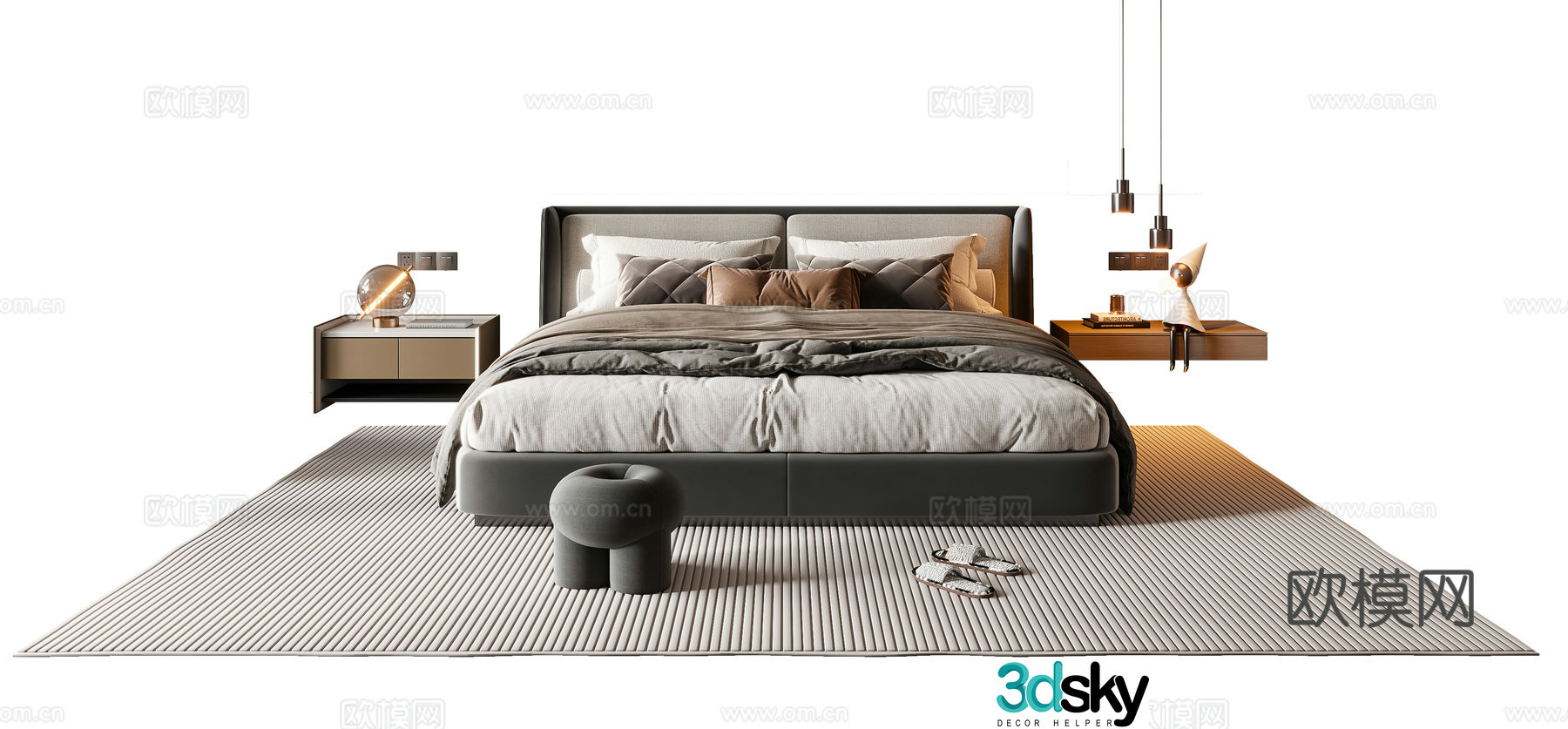 Modern Italian double bed fabric double bed bed nightstand chandeliers carpet 3d model