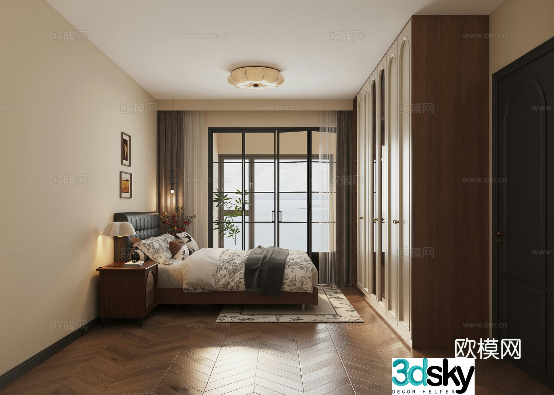 Retro style bedroom American style bedroom medieval style bedroom balcony bedroom 3d model