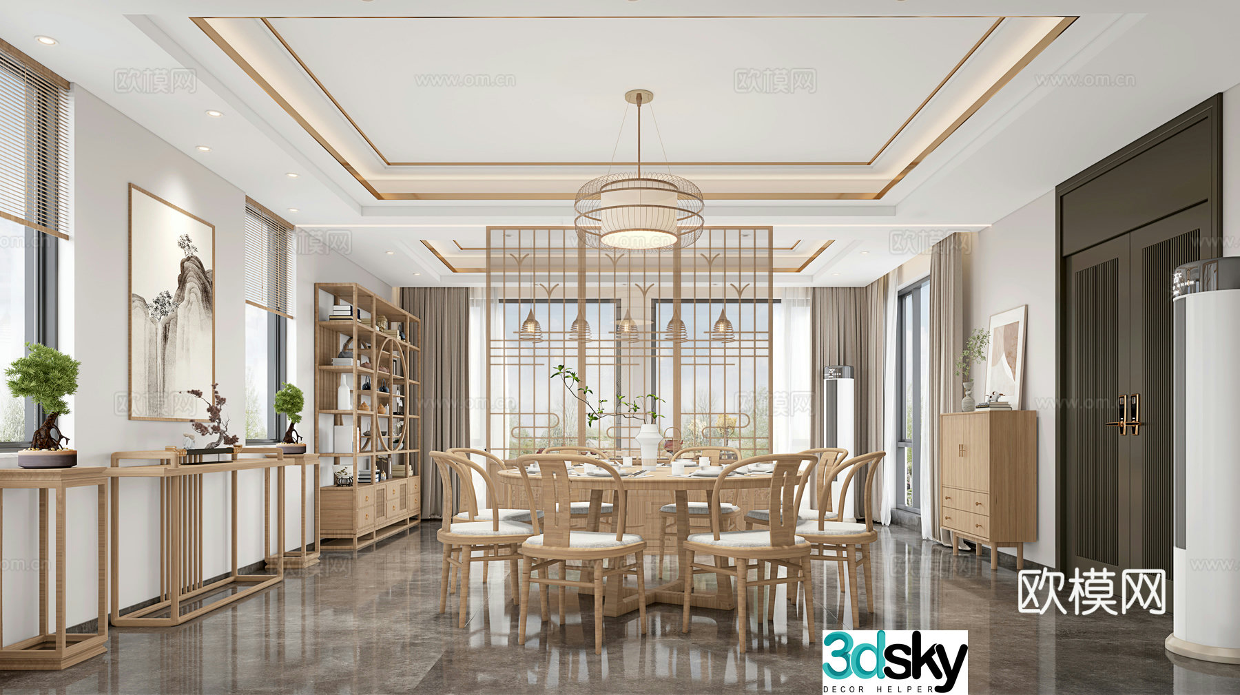 Middle style restaurant restaurant round table restaurant cabinet table chair combination 3D model