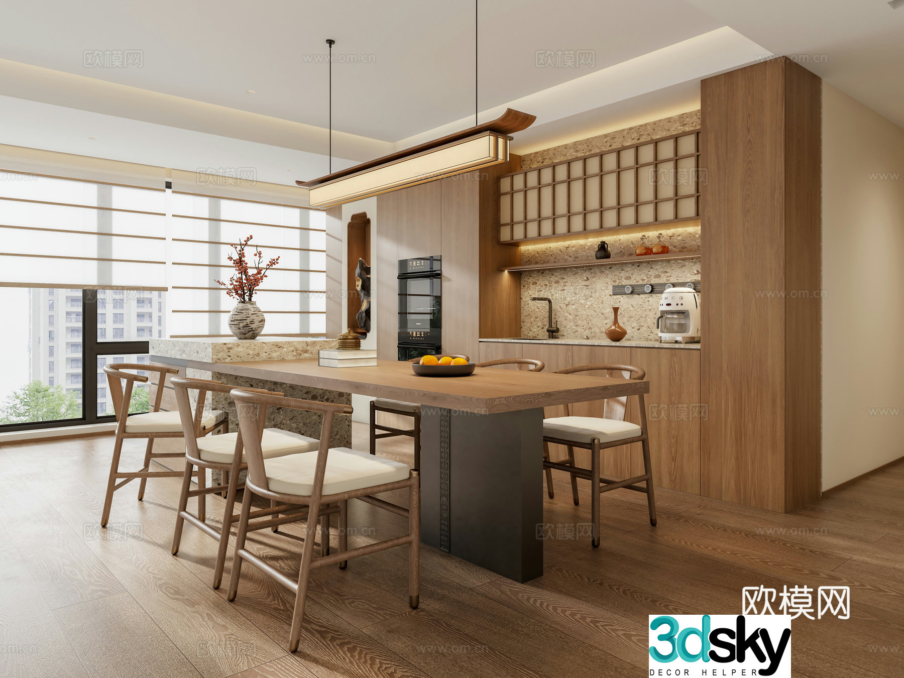 Zen New Chinese Home Restaurant Song Dynasty Aesthetic Restaurant Island Dining Table and Chair Combination Song Style Chandelier 3D Model