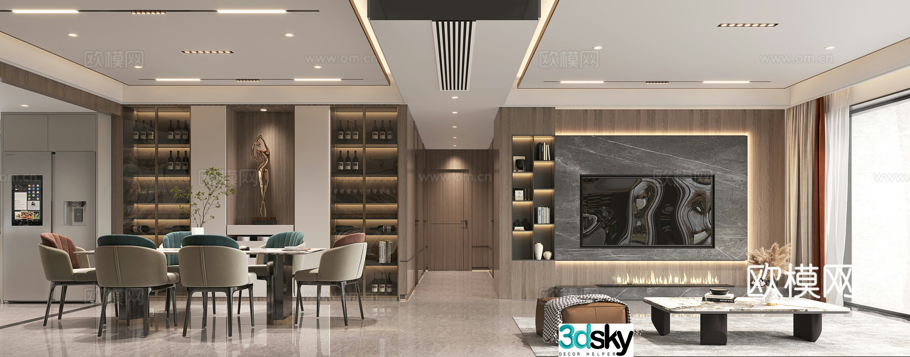 Living and dining room sofa combination table and chair combination ornaments wine cabinet 3d model