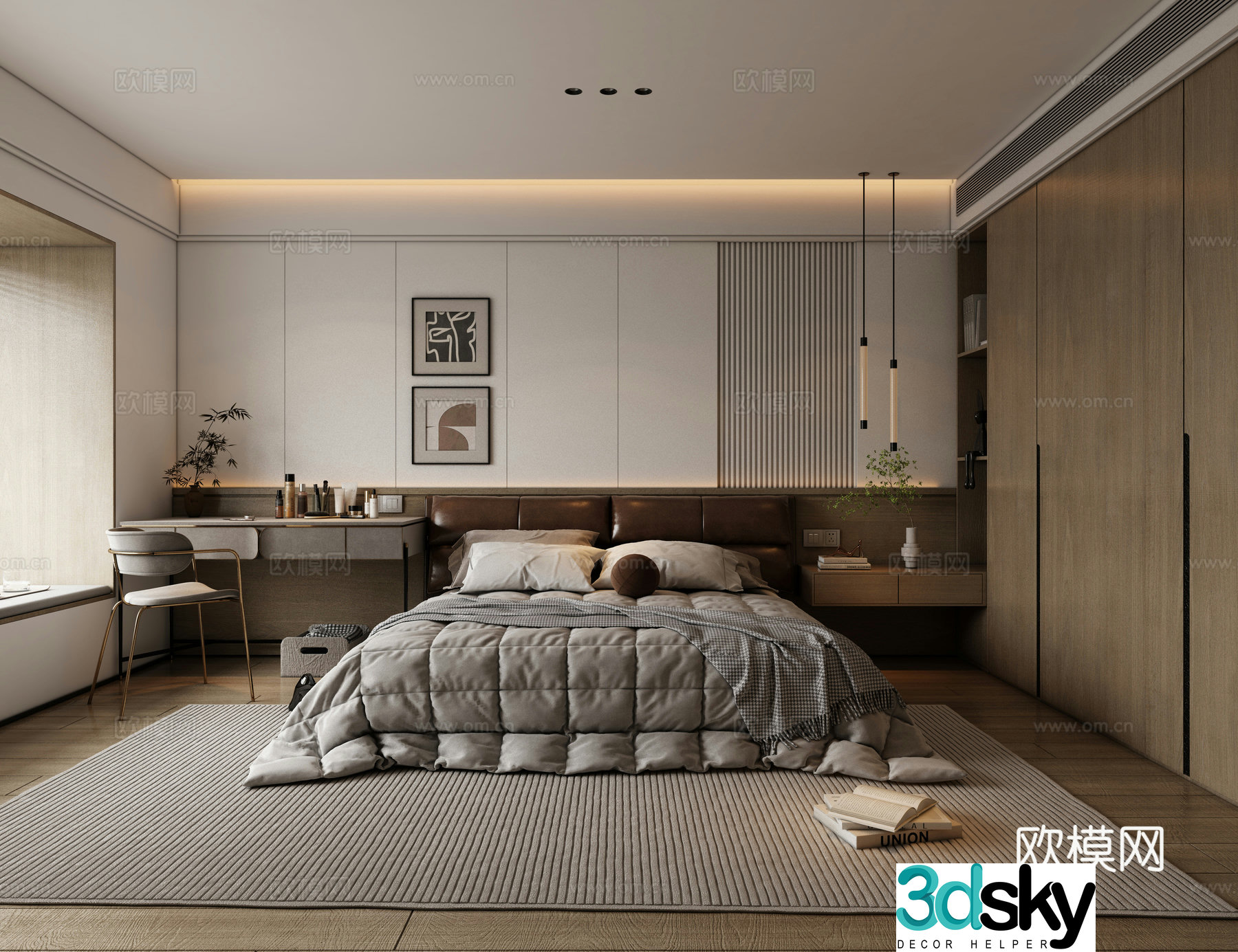 Modern minimalist master bedroom without light 3D model