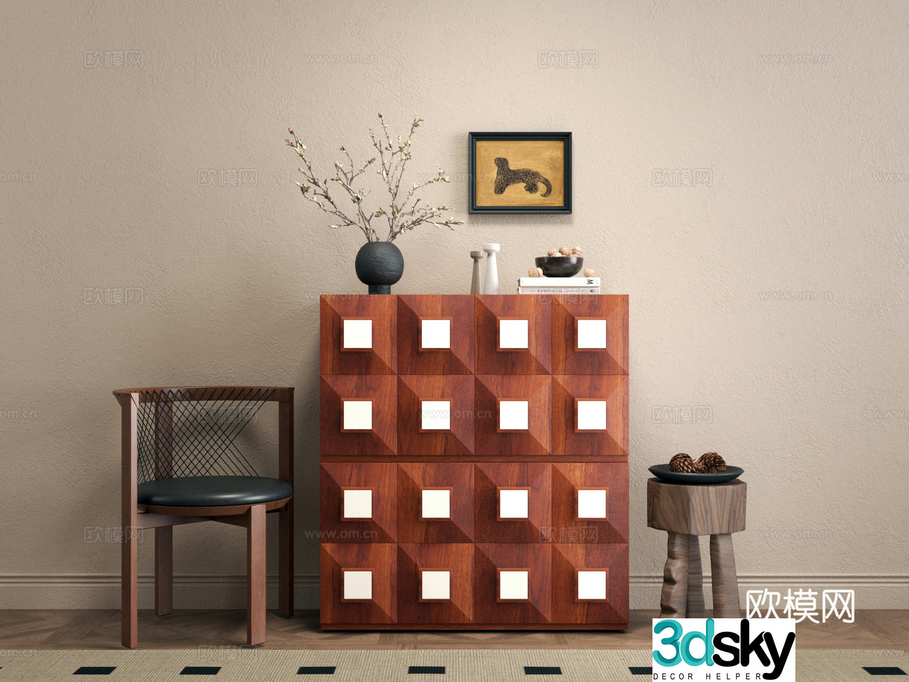 Retro square side cabinet drawer 3d model