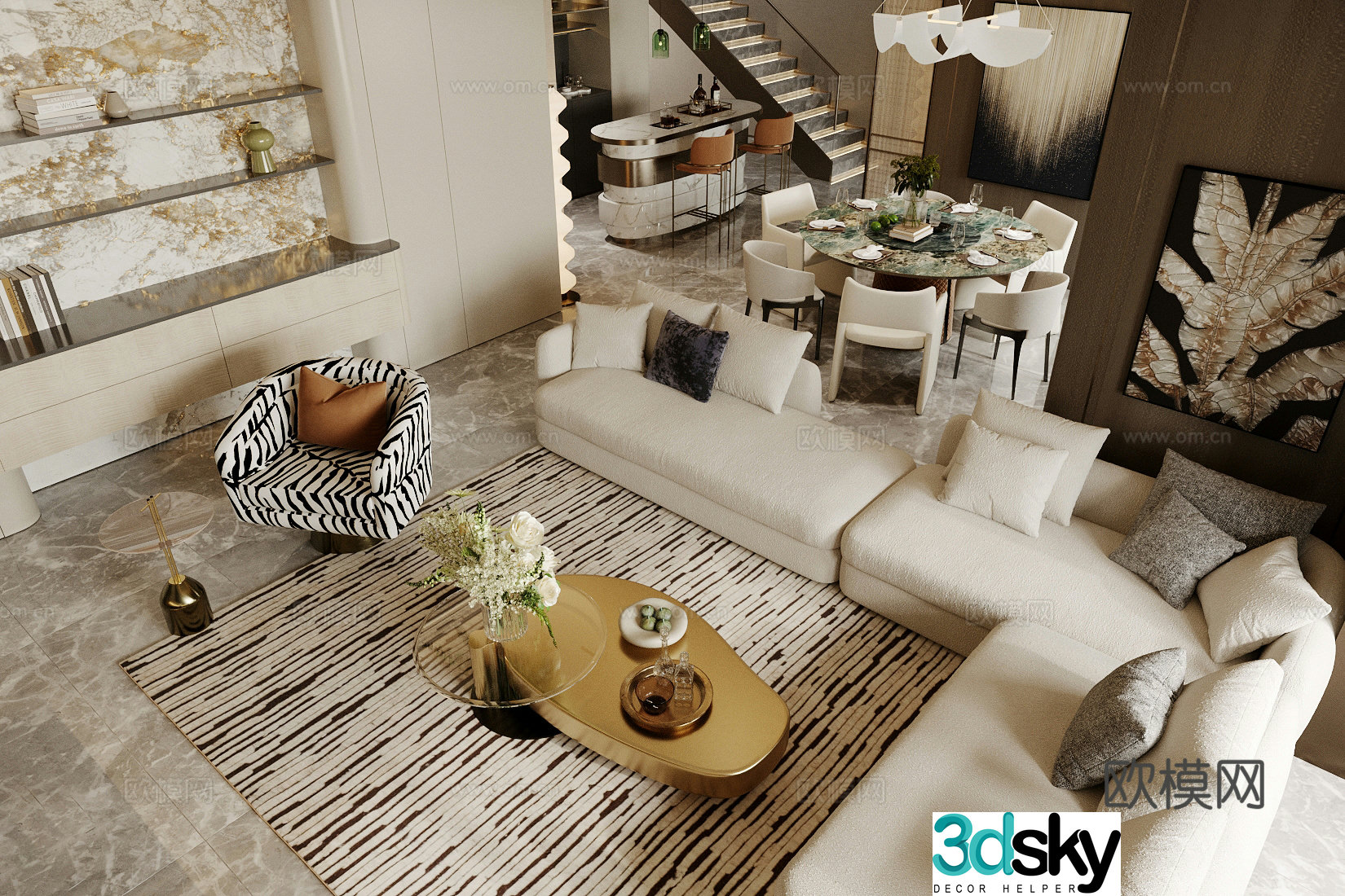 Modern Italian living restaurant light luxury Italian living restaurant sofa coffee table combination horizontal living restaurant 3D model