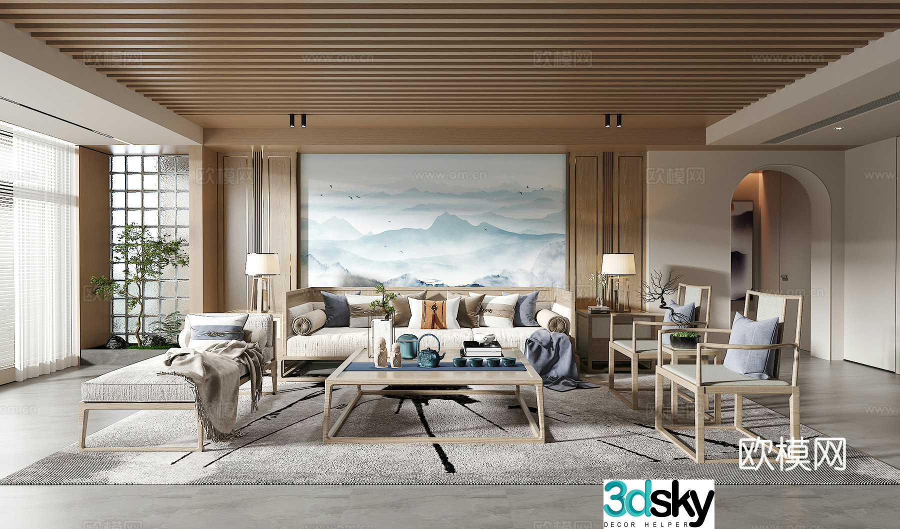 New Chinese living room sofa and coffee table combination green plants accessories desk lamp background wall 3D model