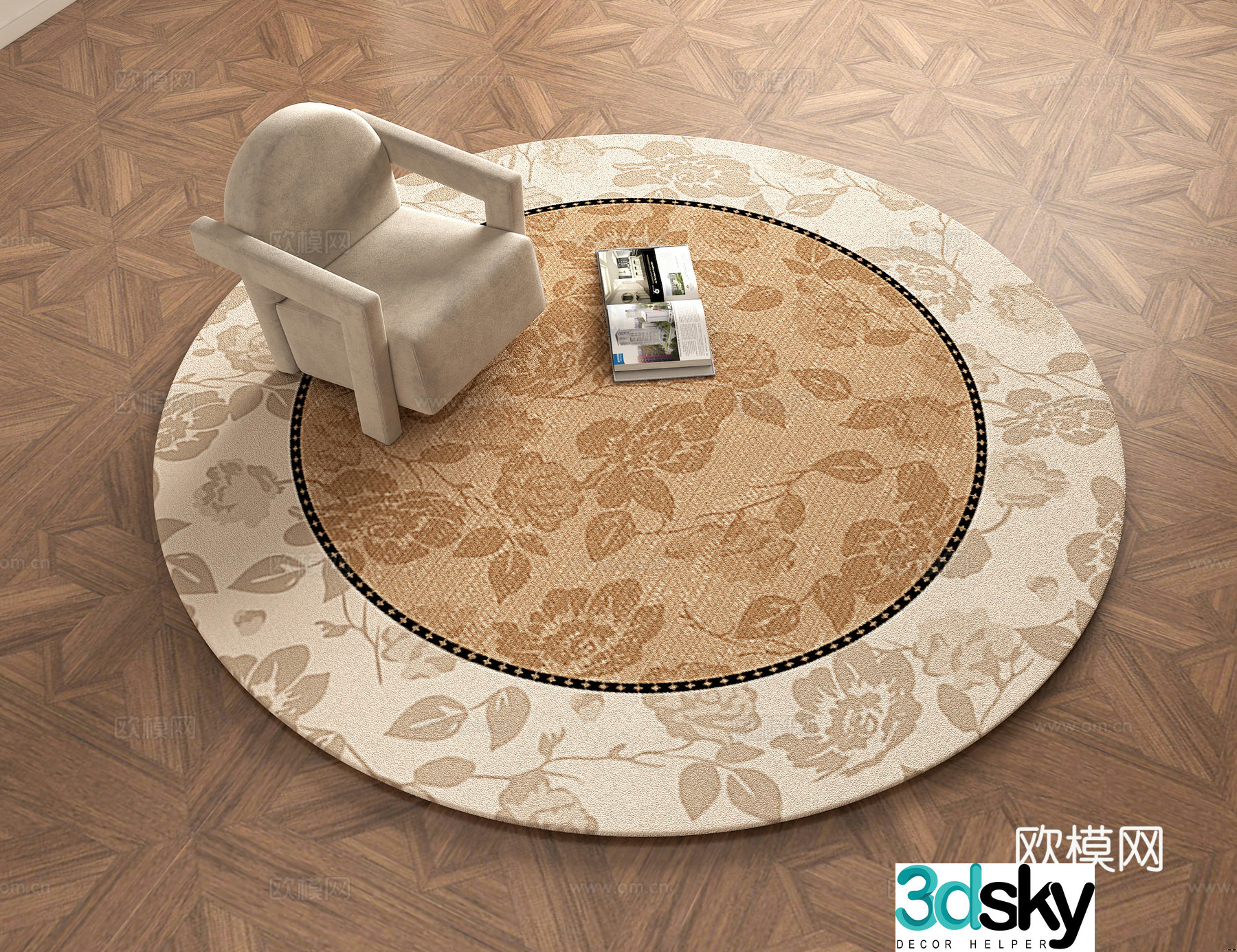 French retro maillard color plant pattern round carpet 3d model