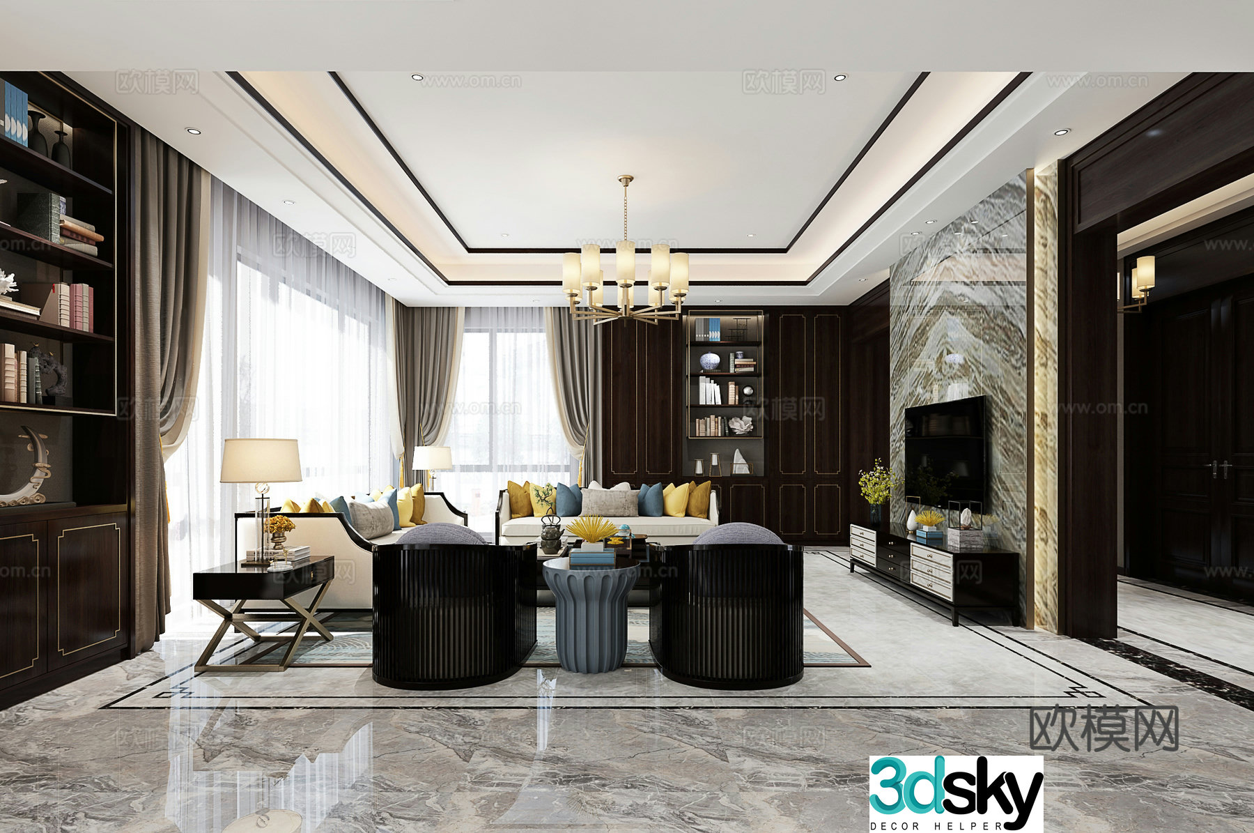 New Chinese sofa combination dining table and chair chandeliers wall lamp sideboard entrance cabinet staircase 3D model