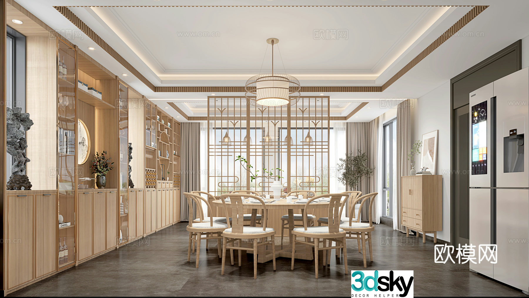 Middle style restaurant restaurant round table restaurant cabinet table chair combination 3D model