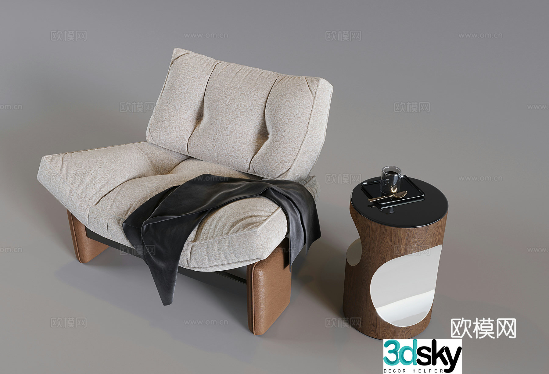 Medium style solid wood sofa chair Nordic retro leisure chair Italian single art recliner 3D model