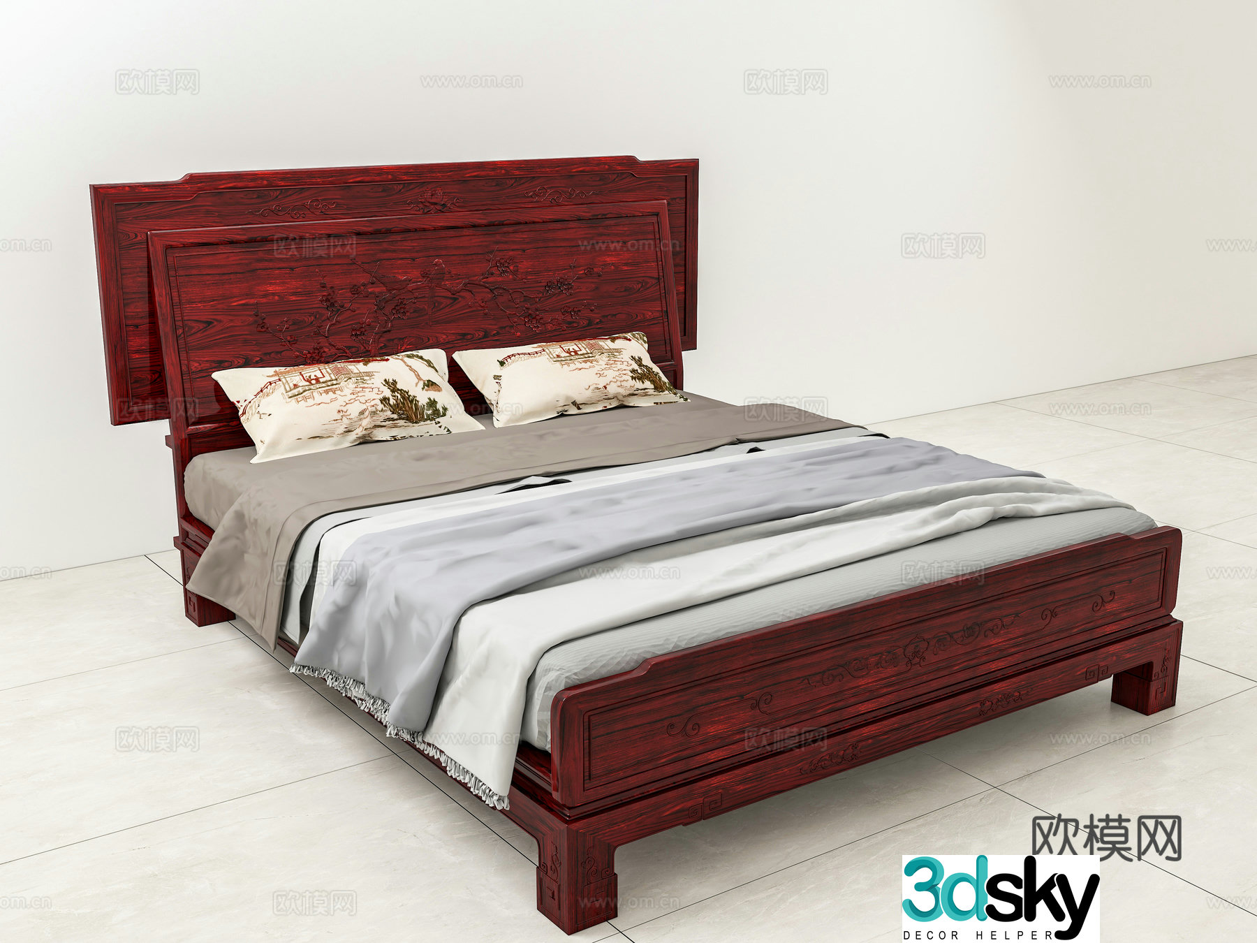 Chinese double bed low body bed carved bedside bed solid wood mahogany 3D model