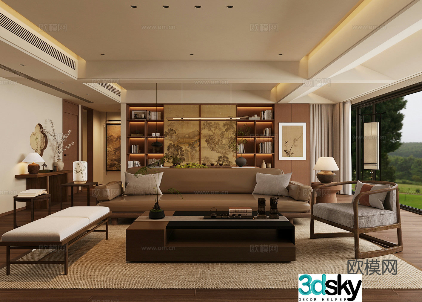 New Chinese-style Zen home living room Song-style living room Chinese-style horizontal living room sofa coffee table combination 3D model