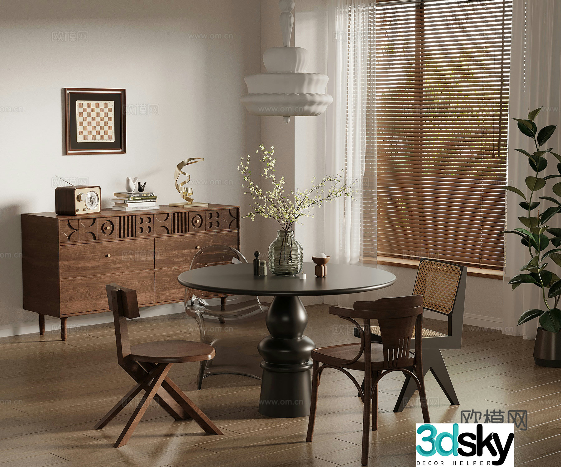 Restaurant Middle style restaurant Dining table and chair combination Sideboard Green plant 3D model