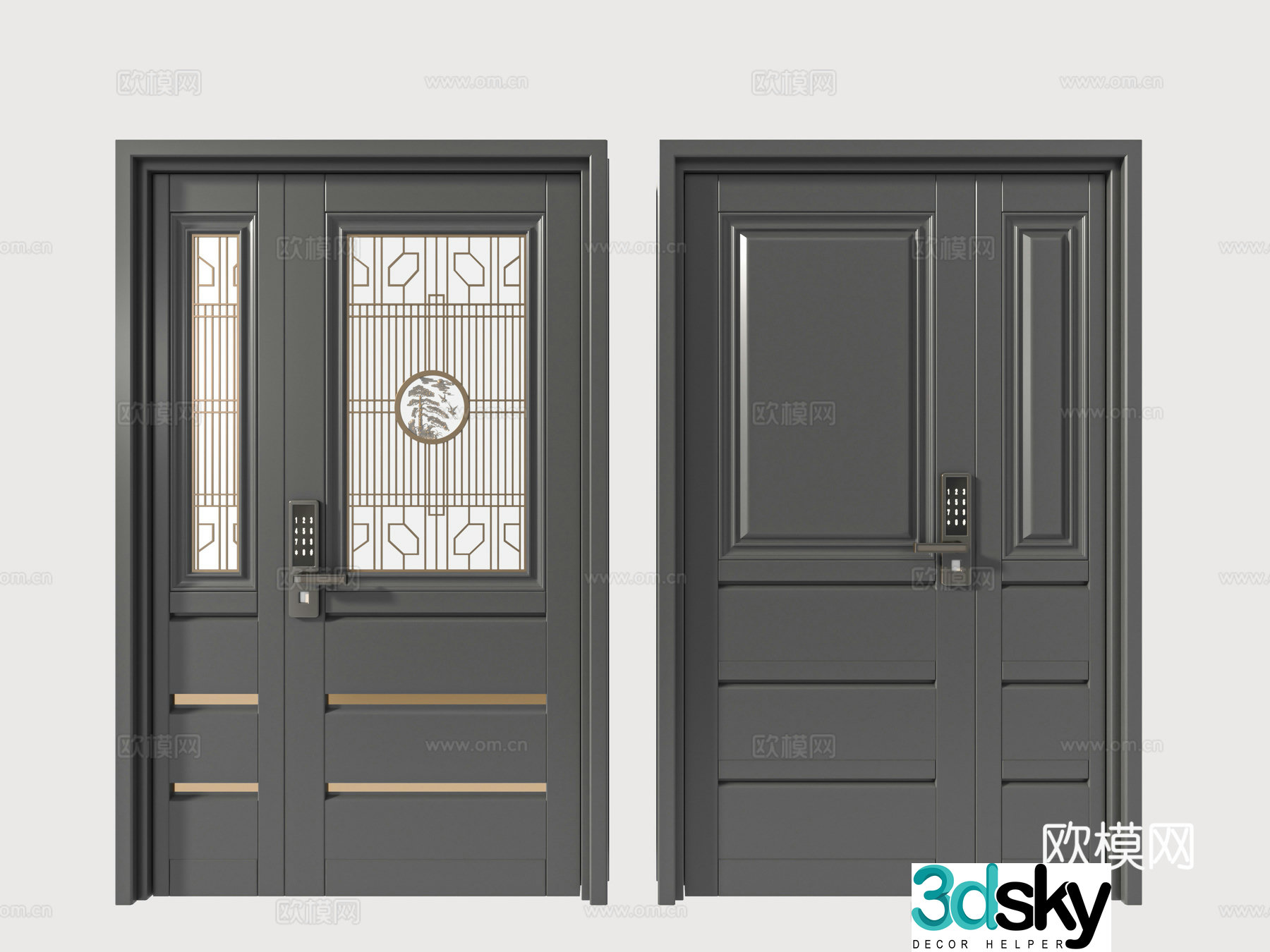Modern new Chinese style double-opening door villa door mother and child door entrance door 3D model