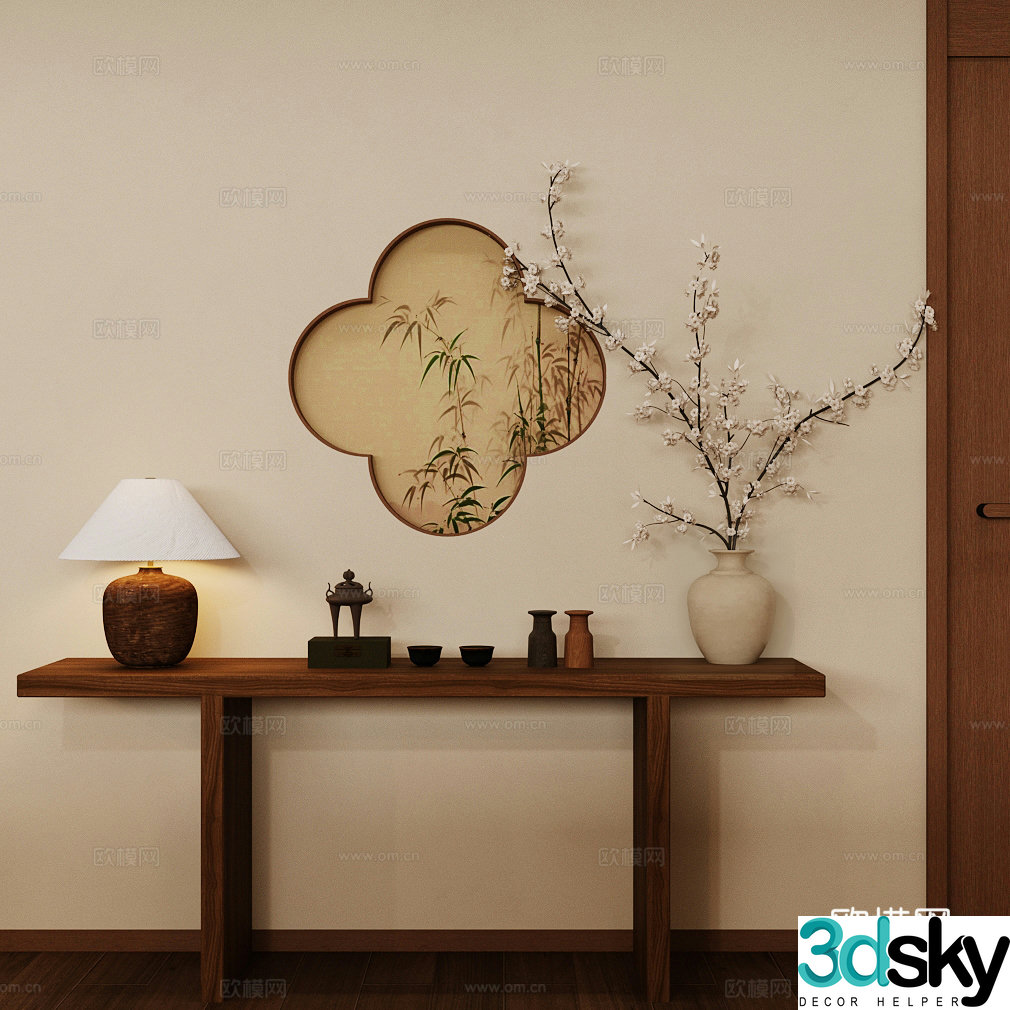 New Chinese style plan New Chinese style entrance hall Entrance door case Solid wood strip case End view cabinet Chinese frame scene 3D model