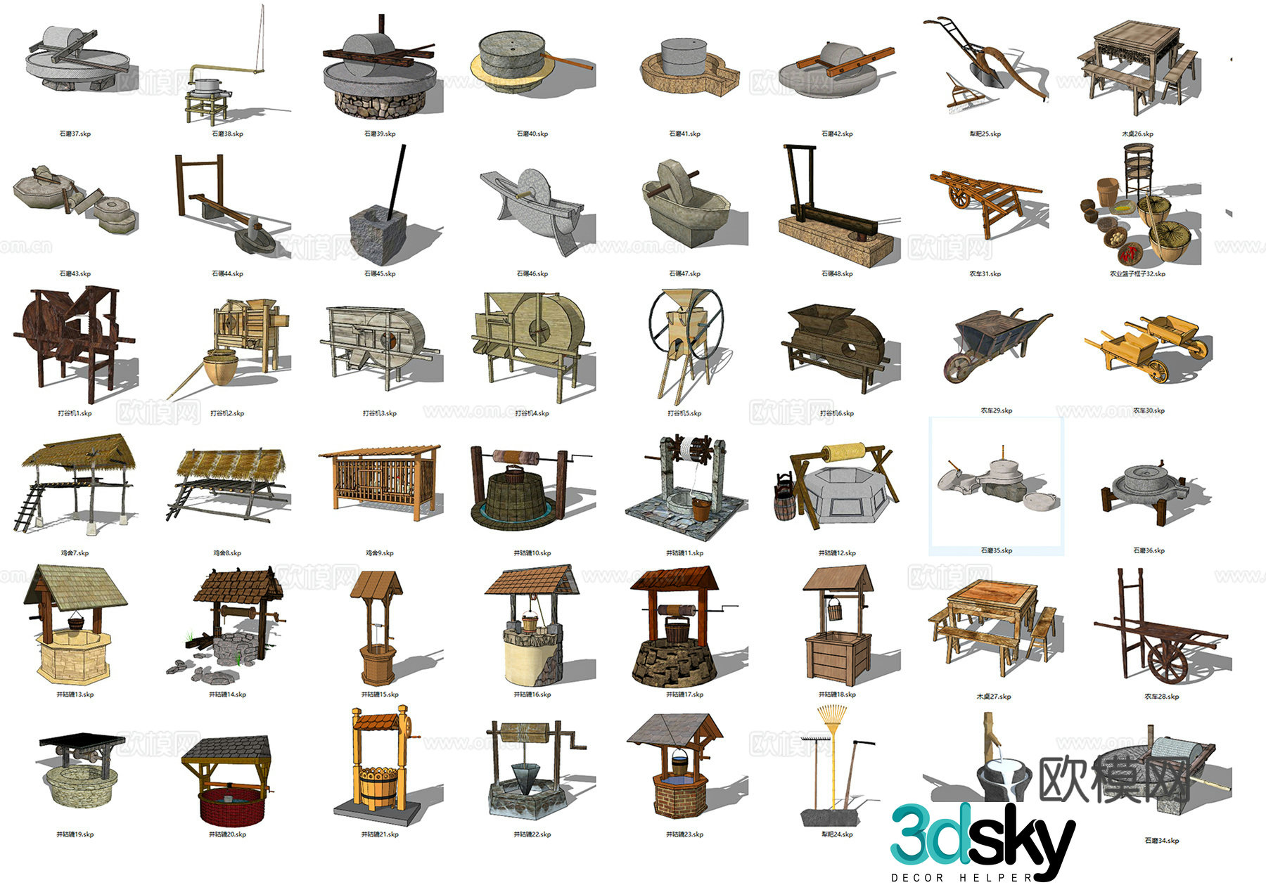 Chinese rural farm tools farmhouse threshing machine well wheel rake wooden table basket frame 3d model