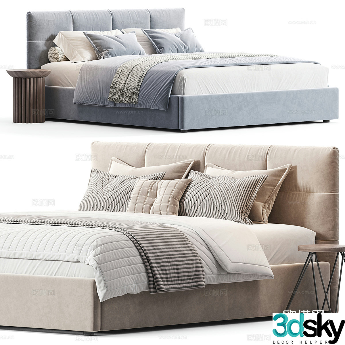 Modern cream style fabric double bed 3d model
