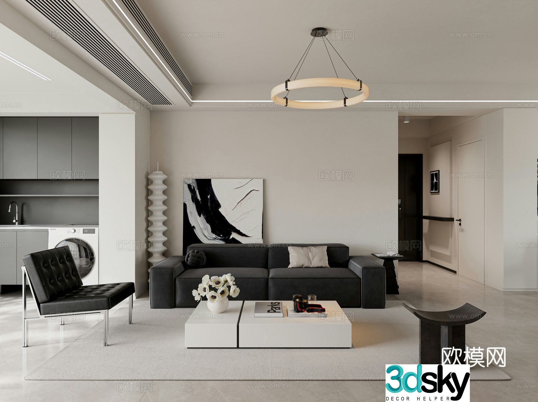 Modern black white and gray living room balcony 3d model