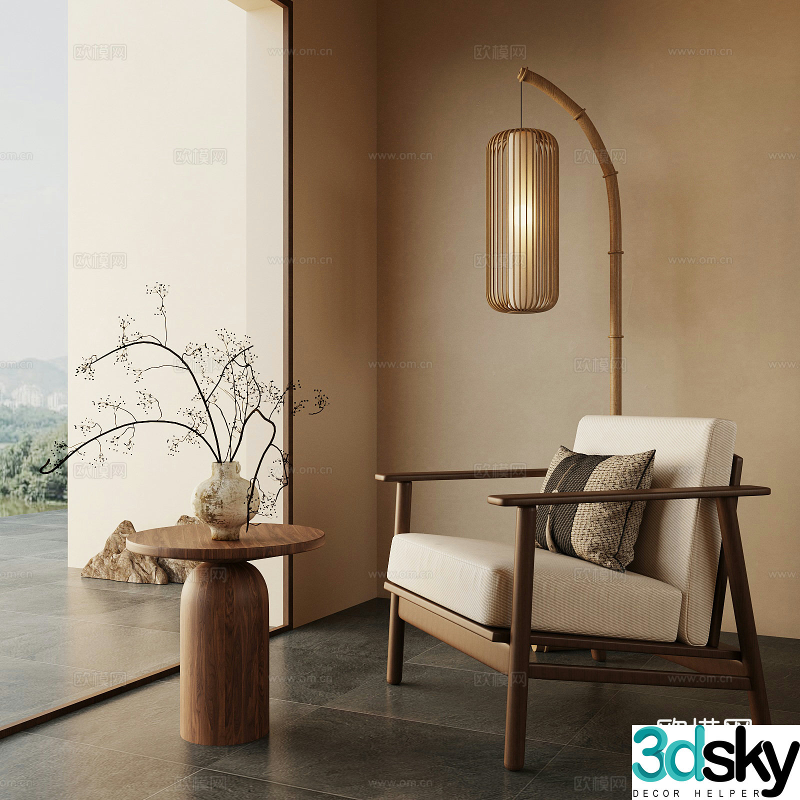 New Chinese style leisure chair floor lamp vase ornament 3D model