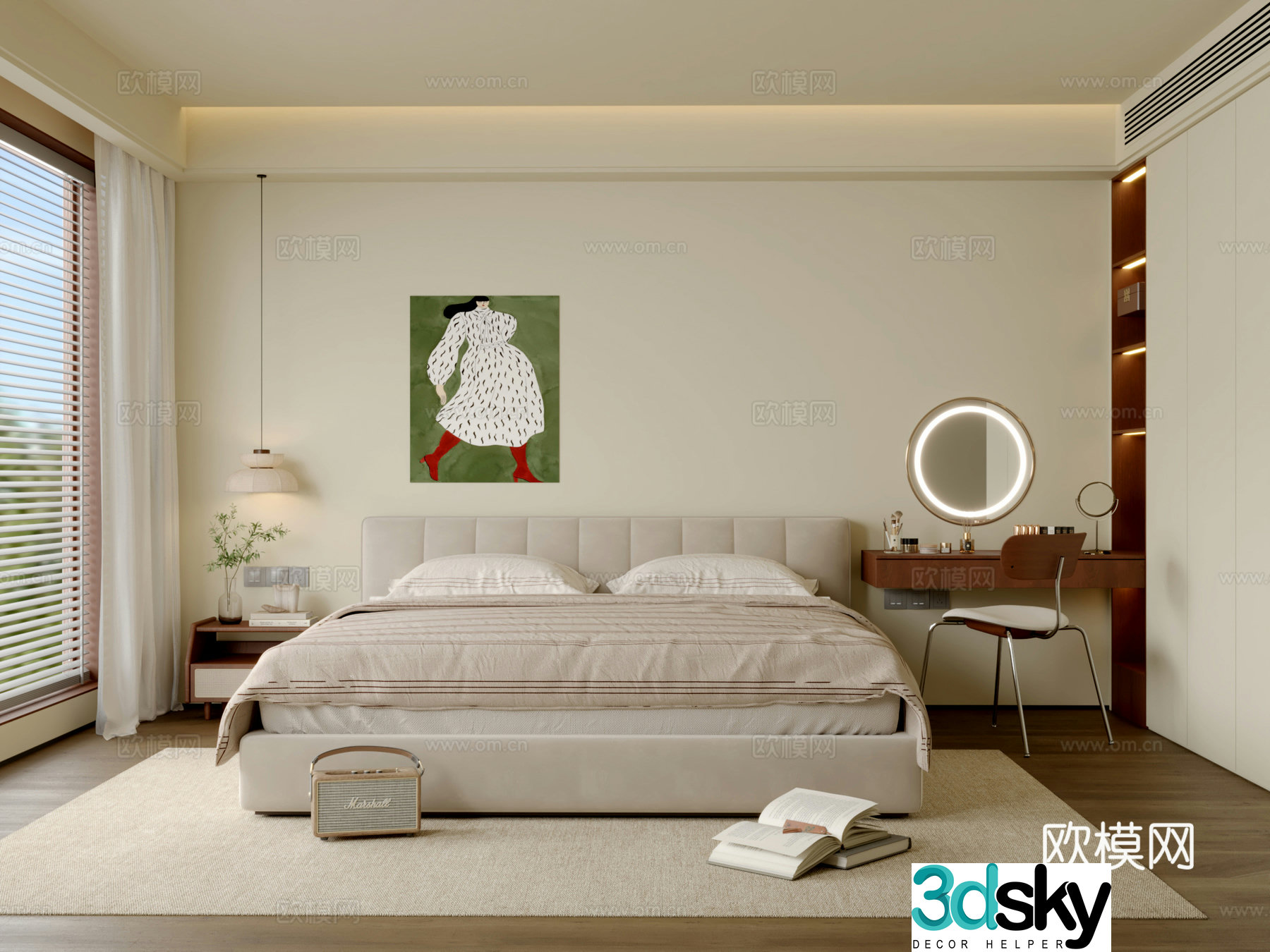 Creamy style simple bedroom 3d model