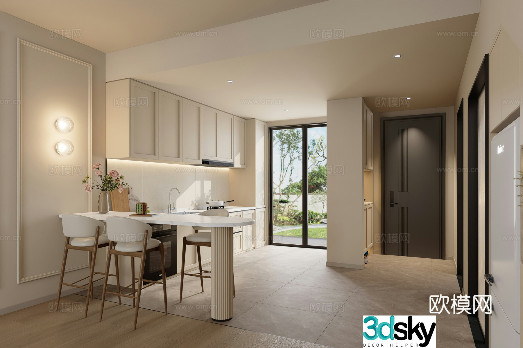 Modern apartment living and dining room 3d model