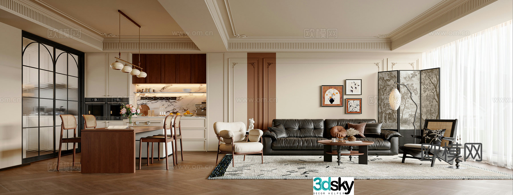 French medieval style living room sofa and coffee table combination island sideboard leisure chair chandeliers 3D model