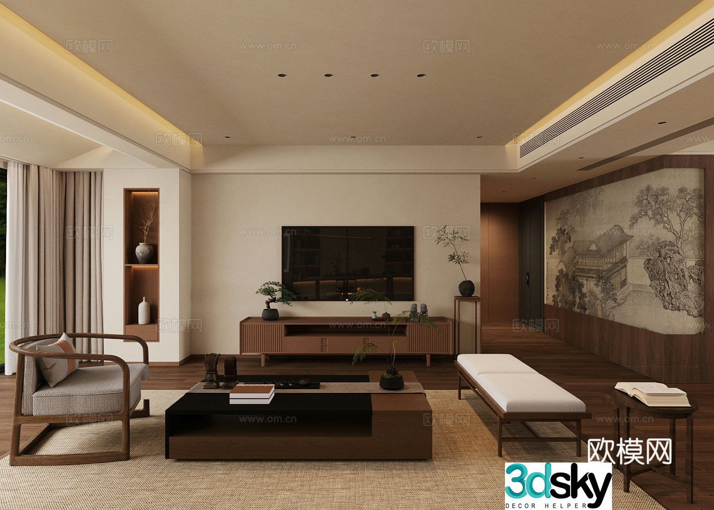New Chinese Zen Home Living Room Chinese Living Room Background Wall Song-style Aesthetic Living Room Chinese Sofa Chair 3D Model