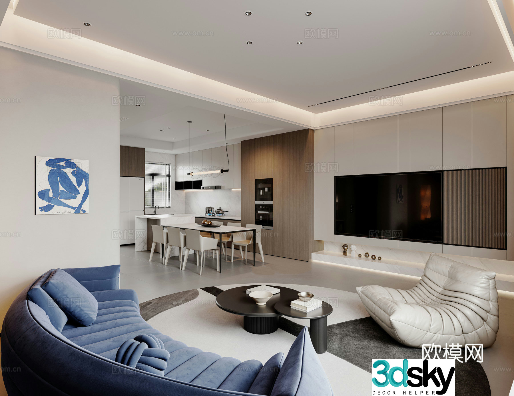 Modern home living and dining room blue sofa combination TV background wall 3d model