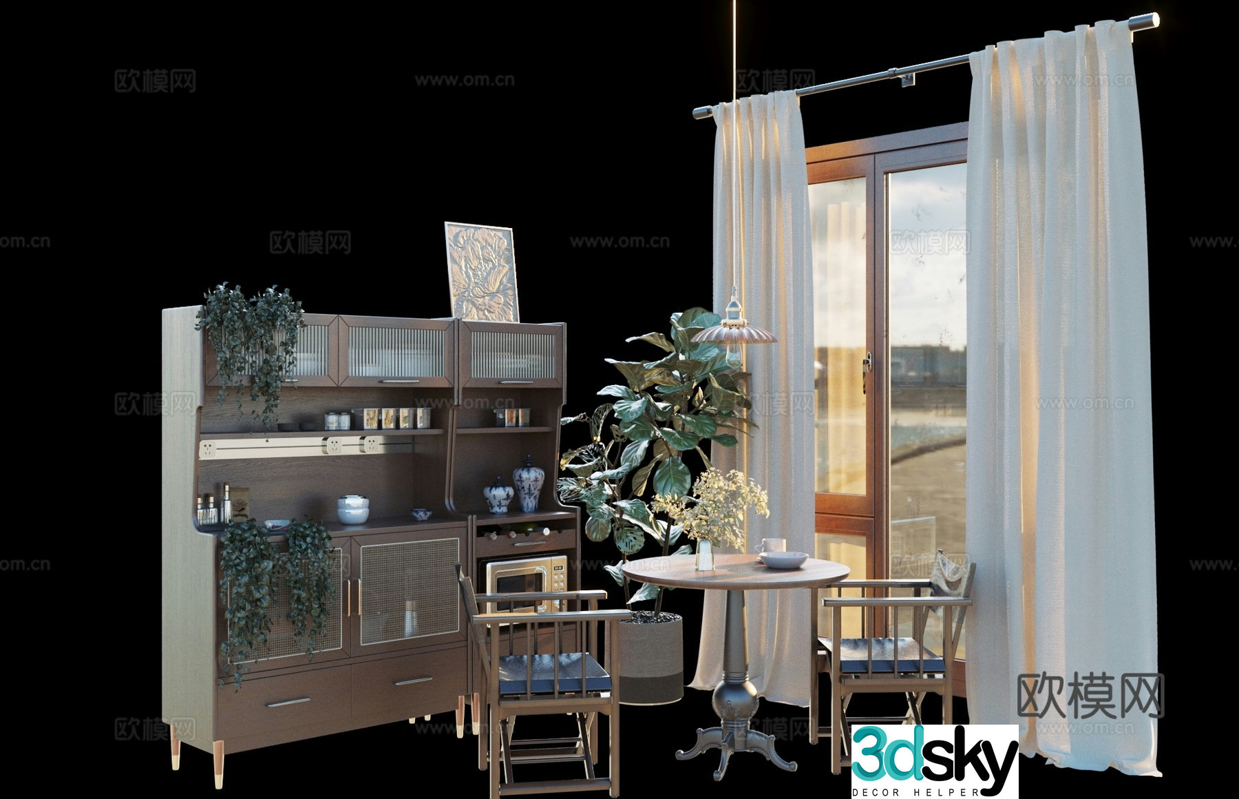 Bookcase Potted plants Table and chair Curtains Window 3D Model