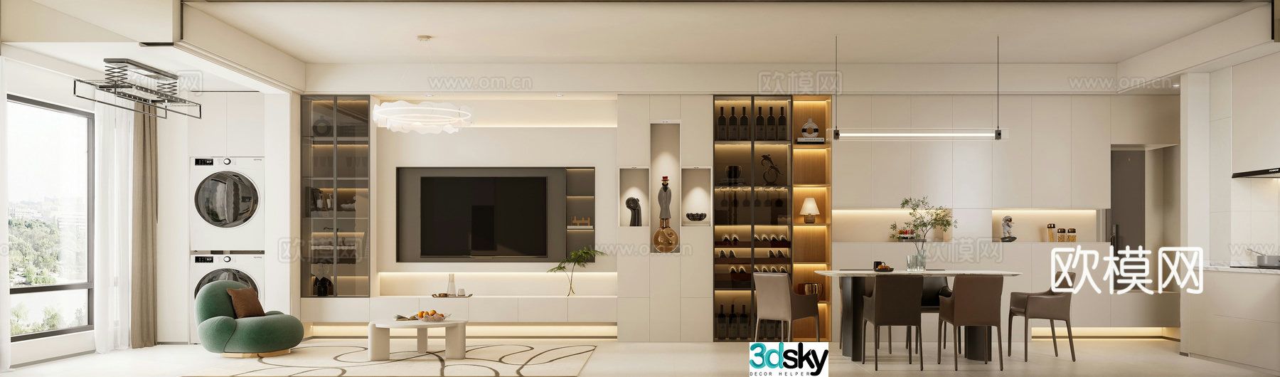 Modern Cream Living and Restaurant 3D Model