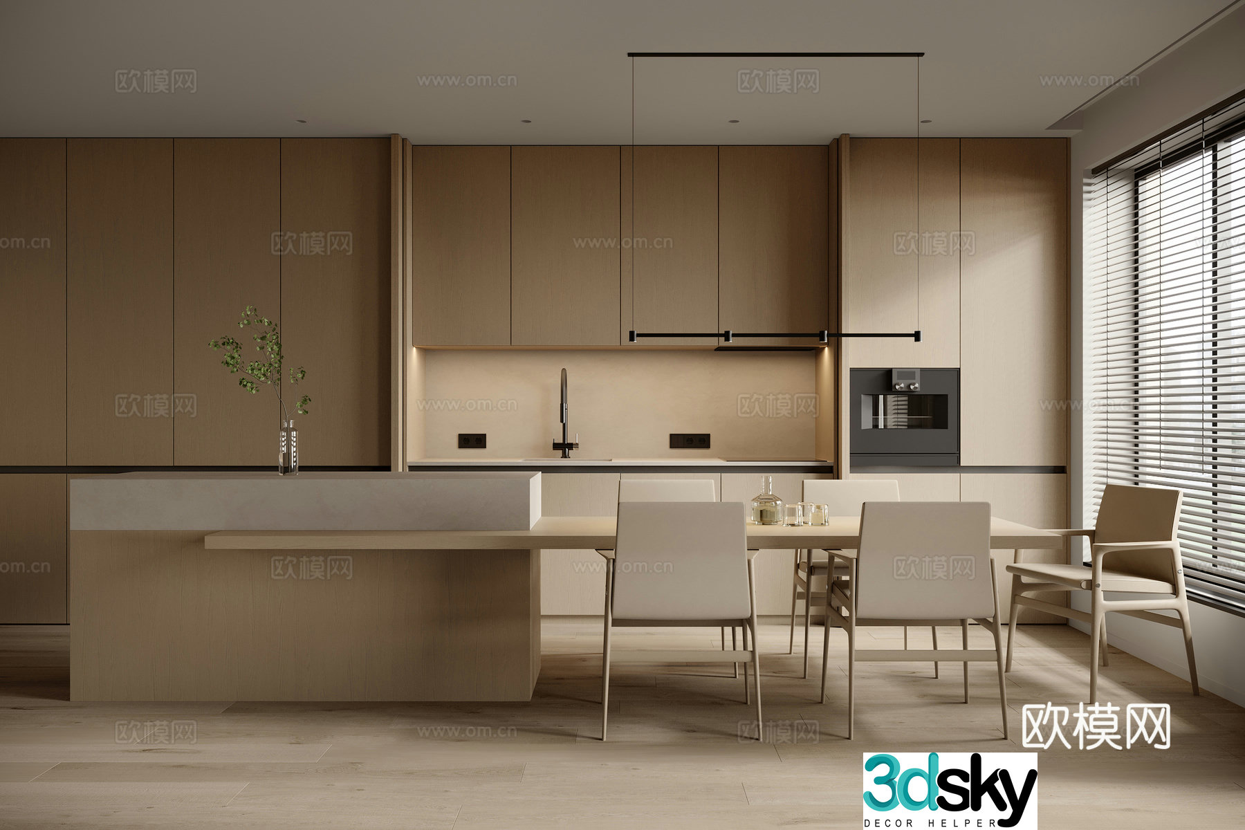 Modern open kitchen dining room cabinet dining table chair chandeliers dining table dining chair island kitchen 3d model
