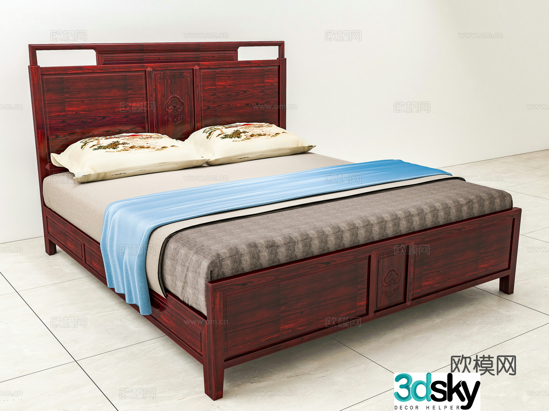 New Chinese style low body bed double bed carved bedside solid wood mahogany 3D model