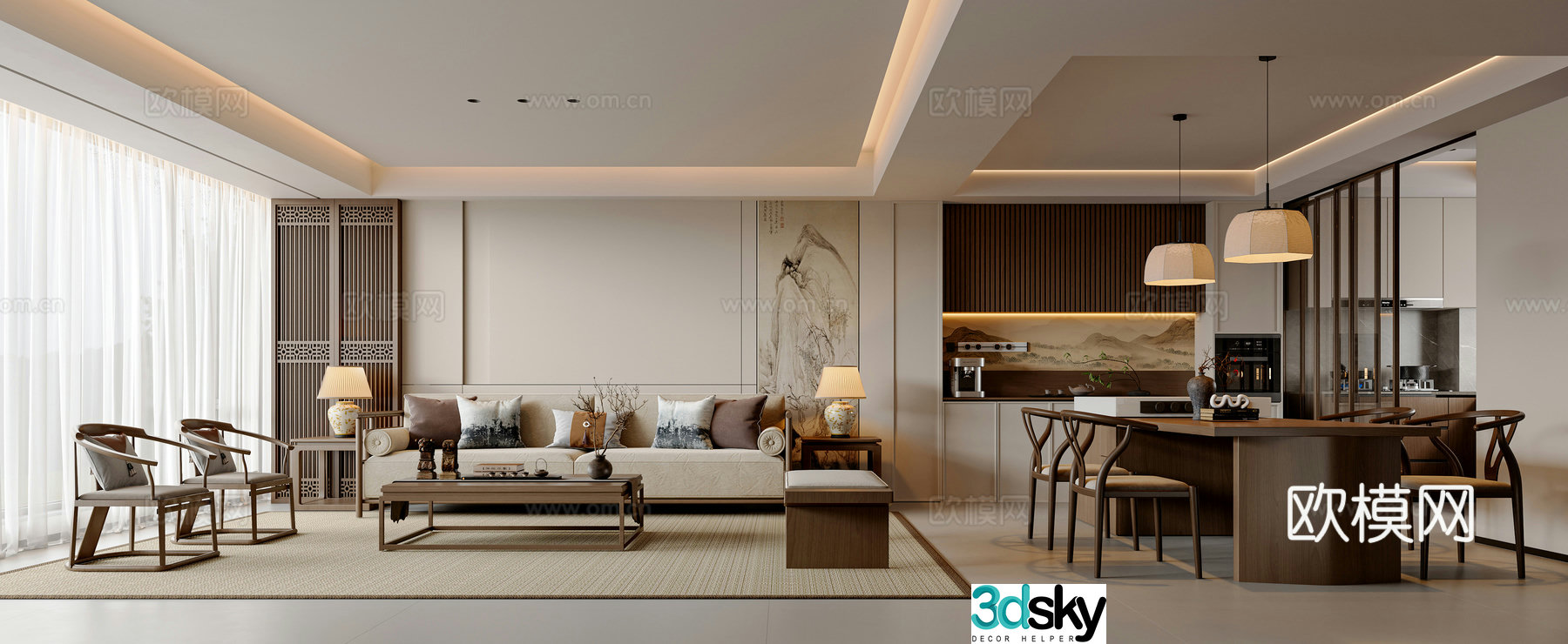 Modern new Chinese style living and dining room sofa and coffee table combination dining table and chair combination sideboard leisure chair 3D model