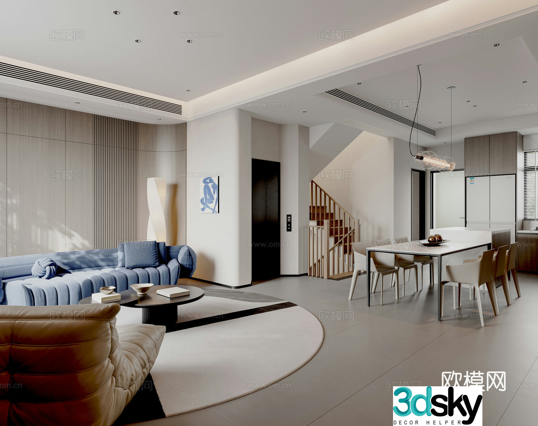 Modern home living and dining room blue sofa combination 3D model