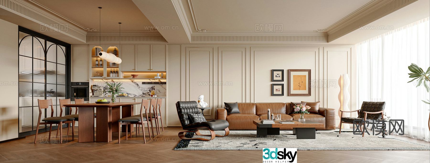 French medieval style living room sofa and coffee table combination dining table and chair sideboard leisure chair chandeliers 3D model