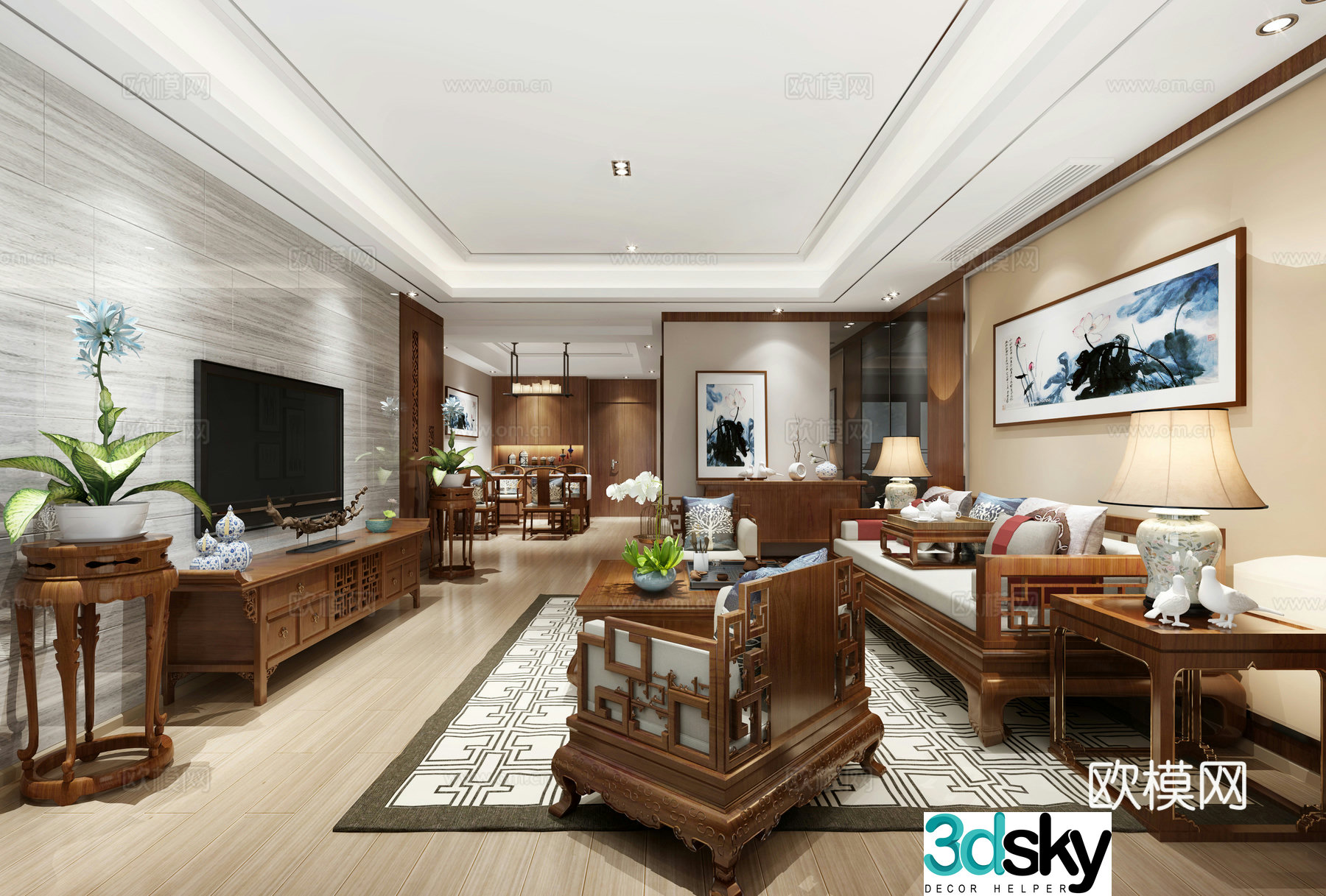 New Chinese style living room and dining room sofa and coffee table dining table and chairs side table single chair chandeliers decorative cabinet 3d model