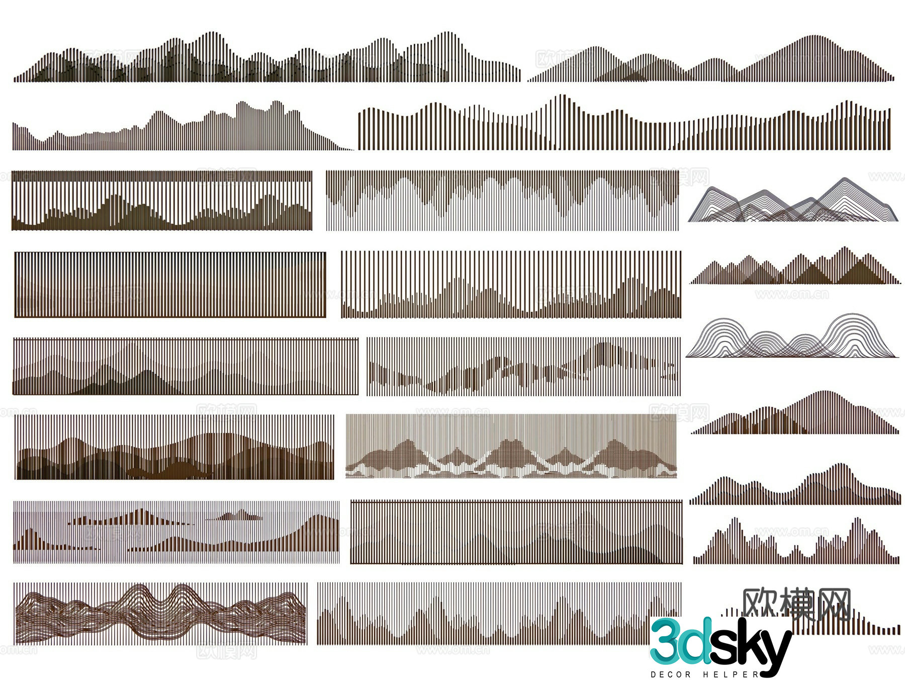New Chinese style grille landscape wall mountain grid landscape wall landscape cloud pattern grille background wall wavy screen partition 3D model