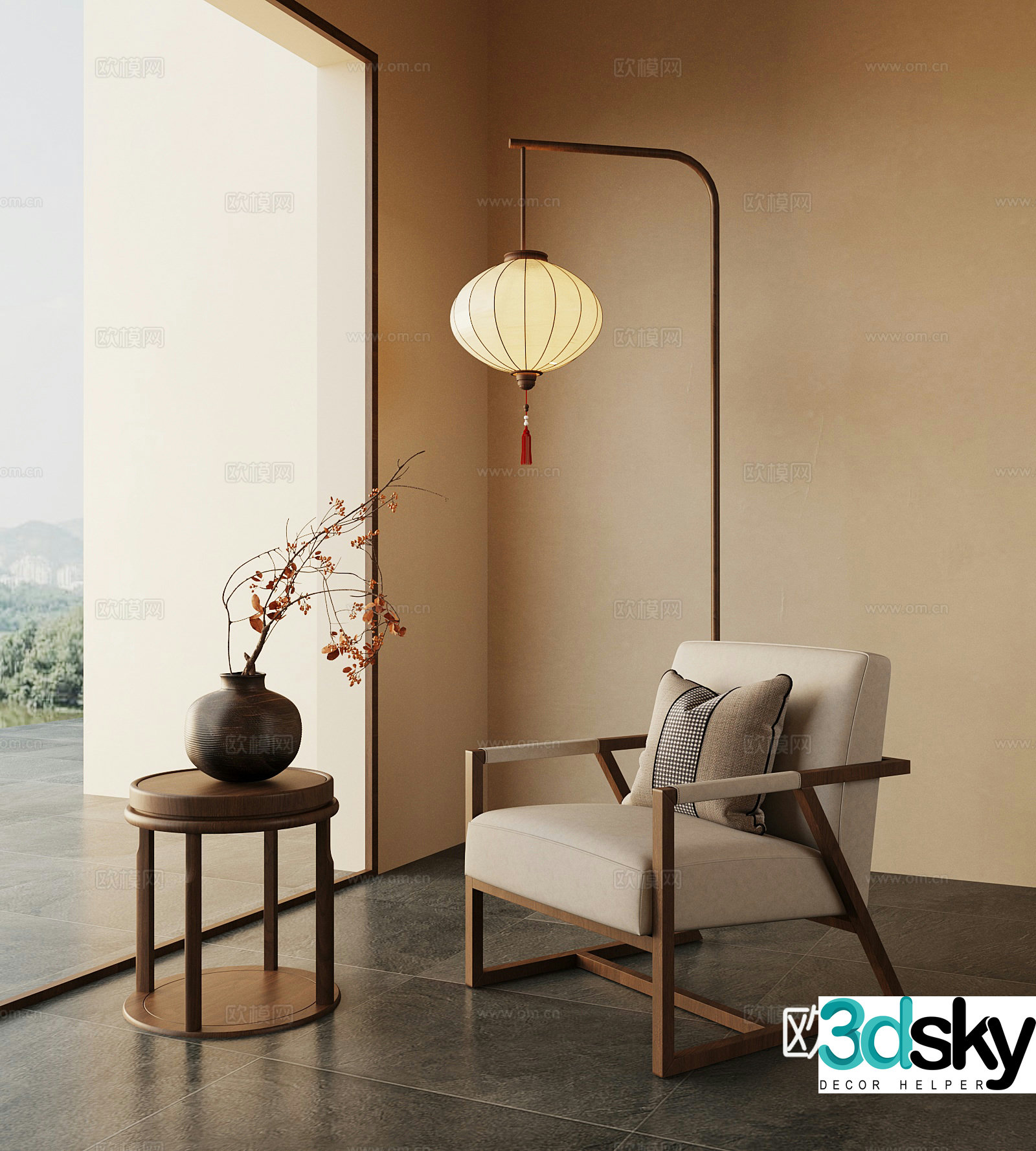 New Chinese style leisure chair floor lamp vase ornament 3D model