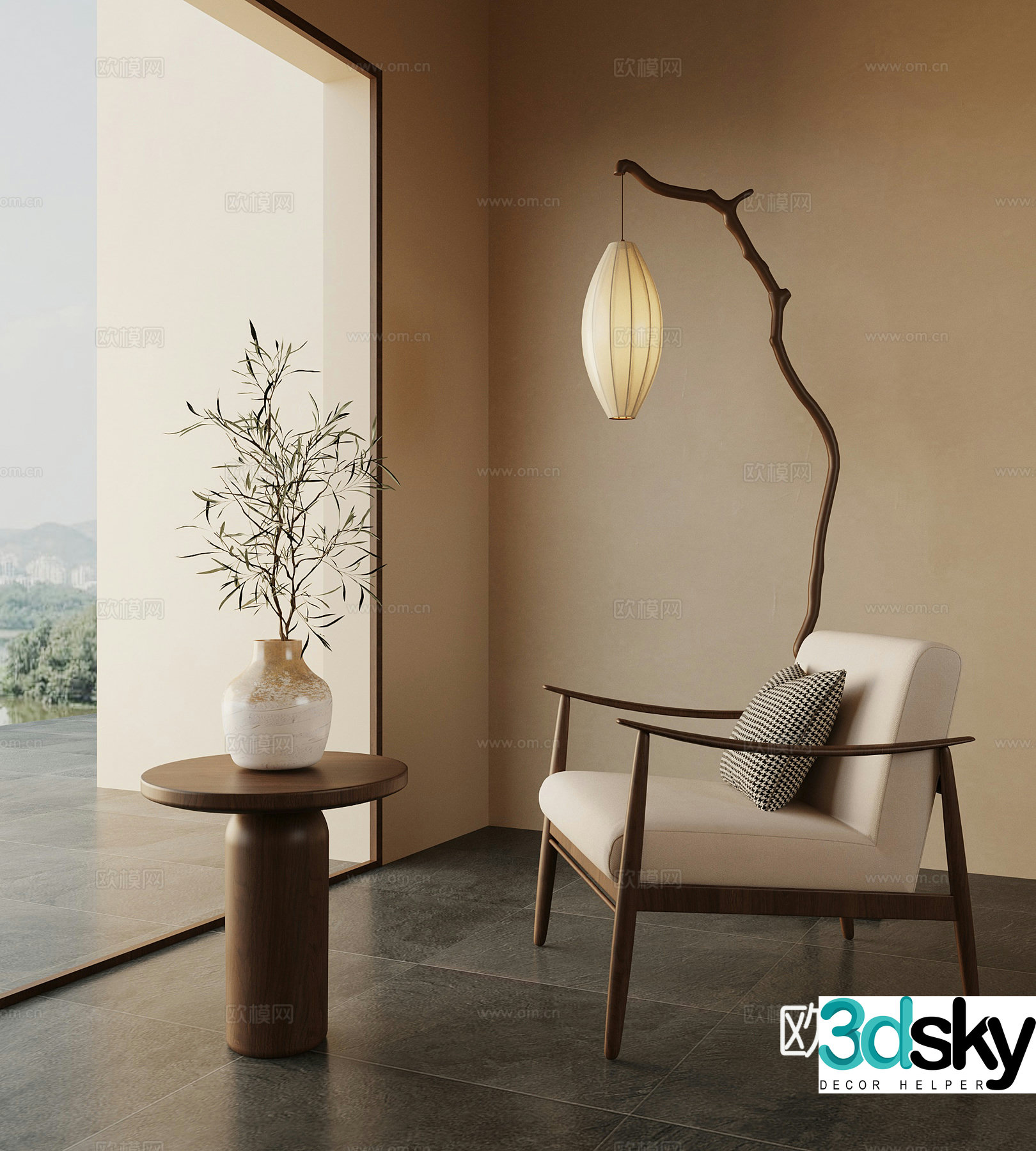 New Chinese style leisure chair floor lamp vase ornament 3D model