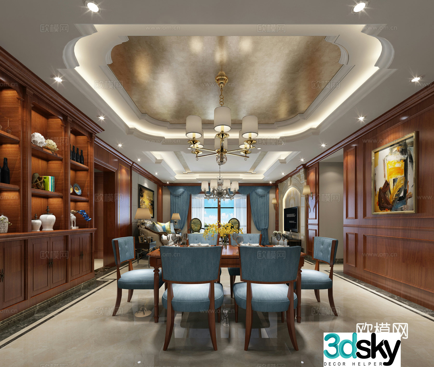 European classical living restaurant sofa coffee table chandeliers TV cabinet side cabinet dining table chair 3d model