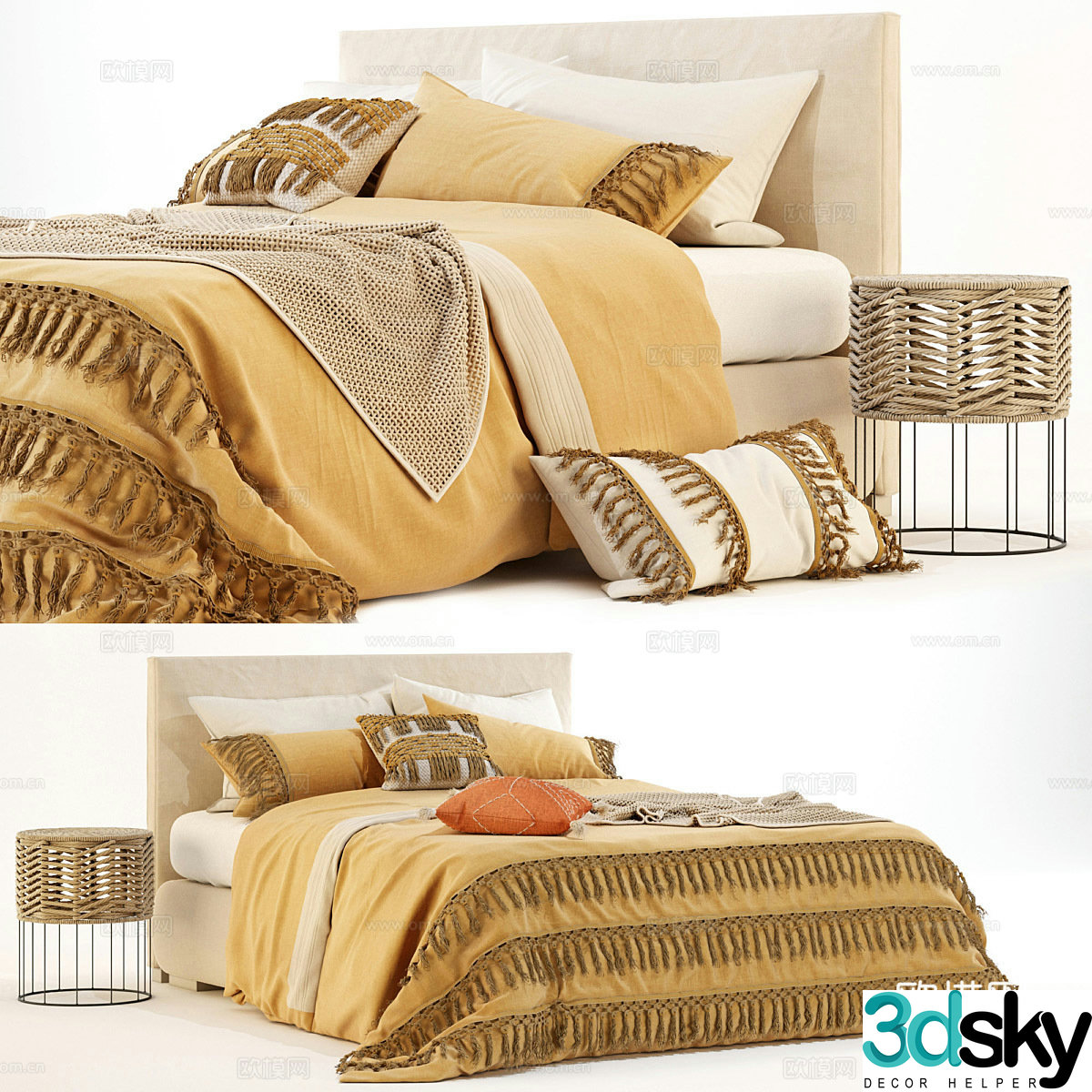 Nordic log style fabric double bed 3D model