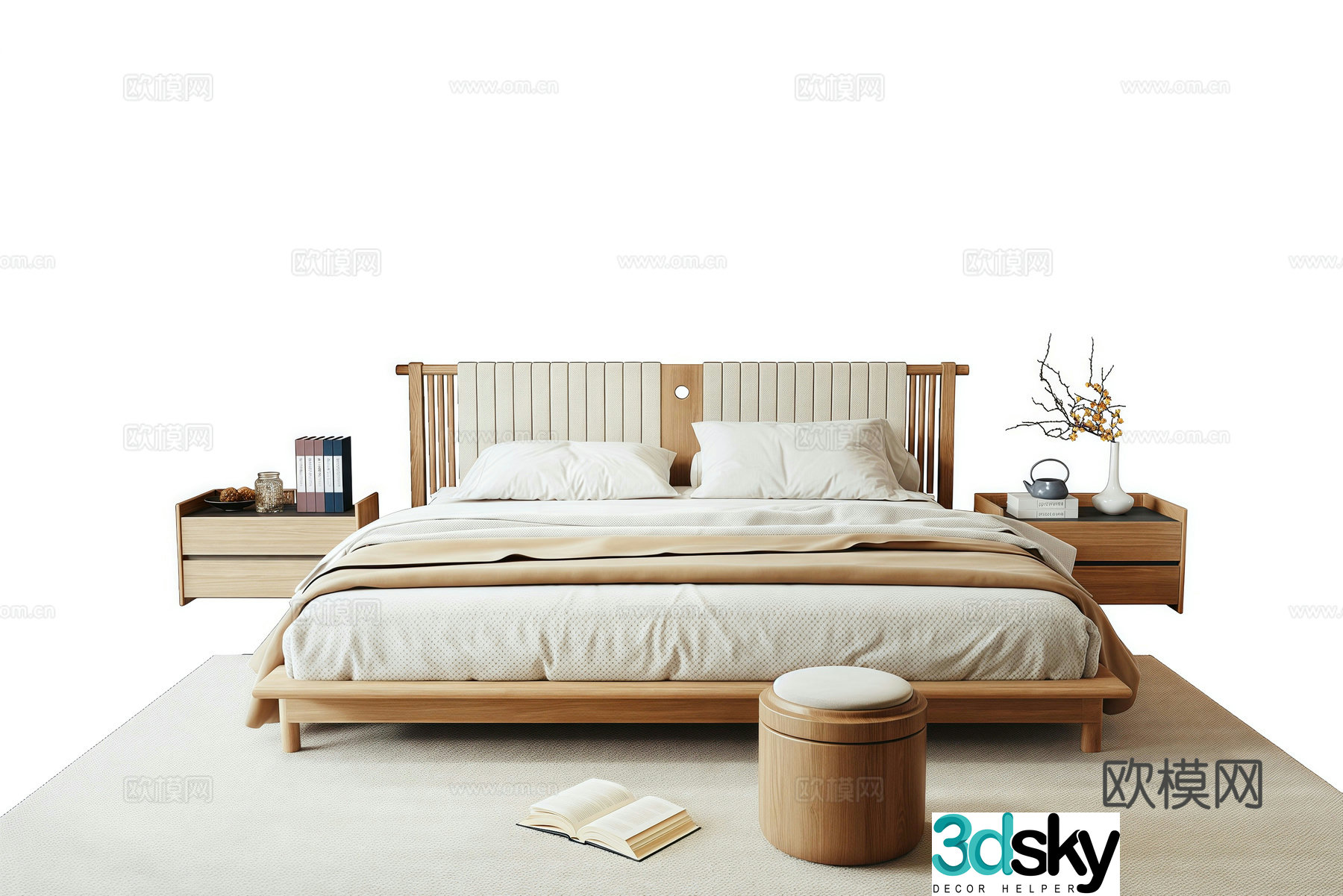 New Chinese Song style double bed bed nightstand 3D model