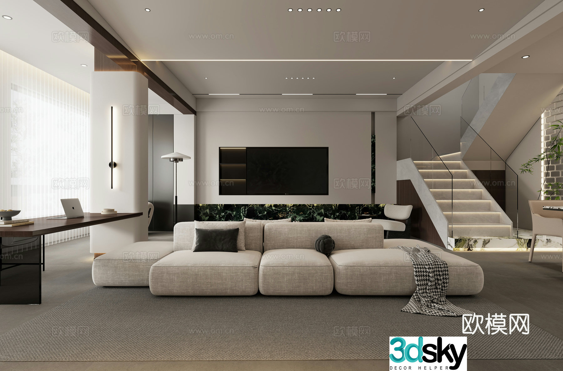 Modern living and dining room 3d model