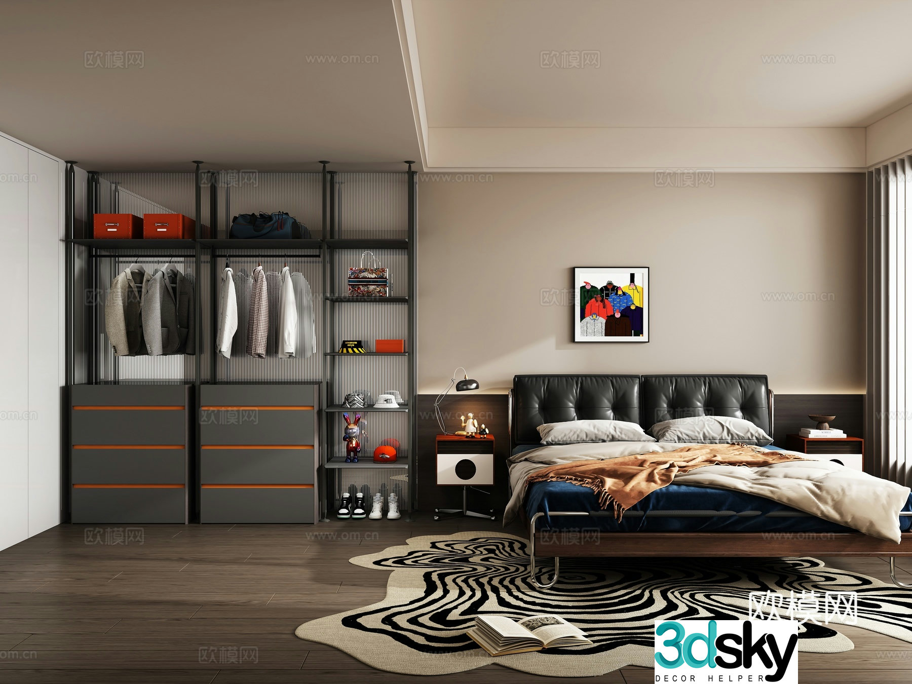 Modern bedroom black leather bed combination wardrobe clothes hat hanging painting bedside table shoes carpet black white gray lying 3D model