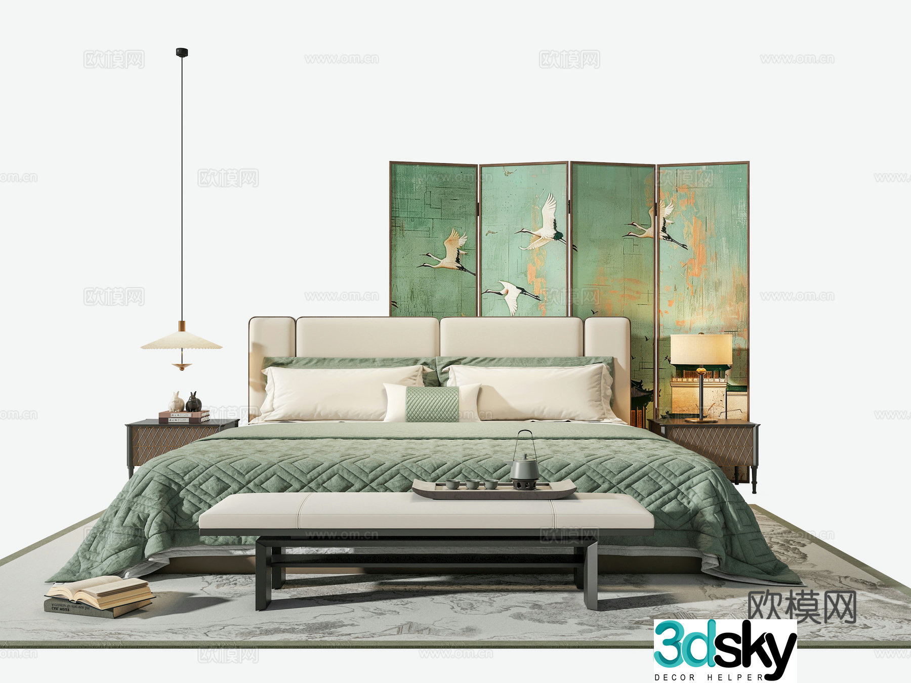 Zen new Chinese style double bed master bedroom fabric double bed bedside table chandeliers desk lamp Song style aesthetic screen 3D model